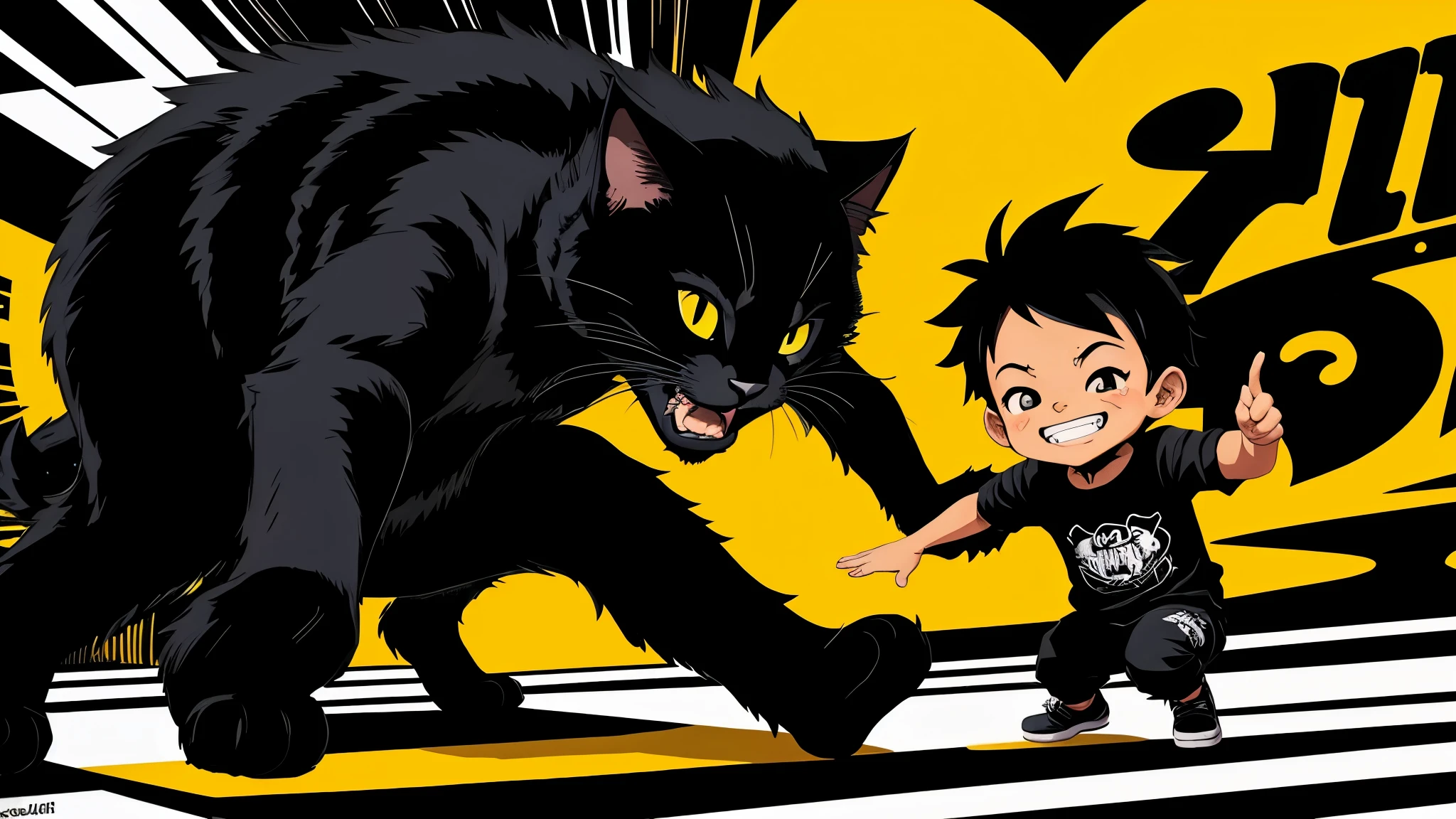 black cat with a boy,grin, Dynamic composition, in the style of bold lettering, kidcore, junglepunk, dolly kei monochromatic scheme, larme kei --ar 3:2 --s 200