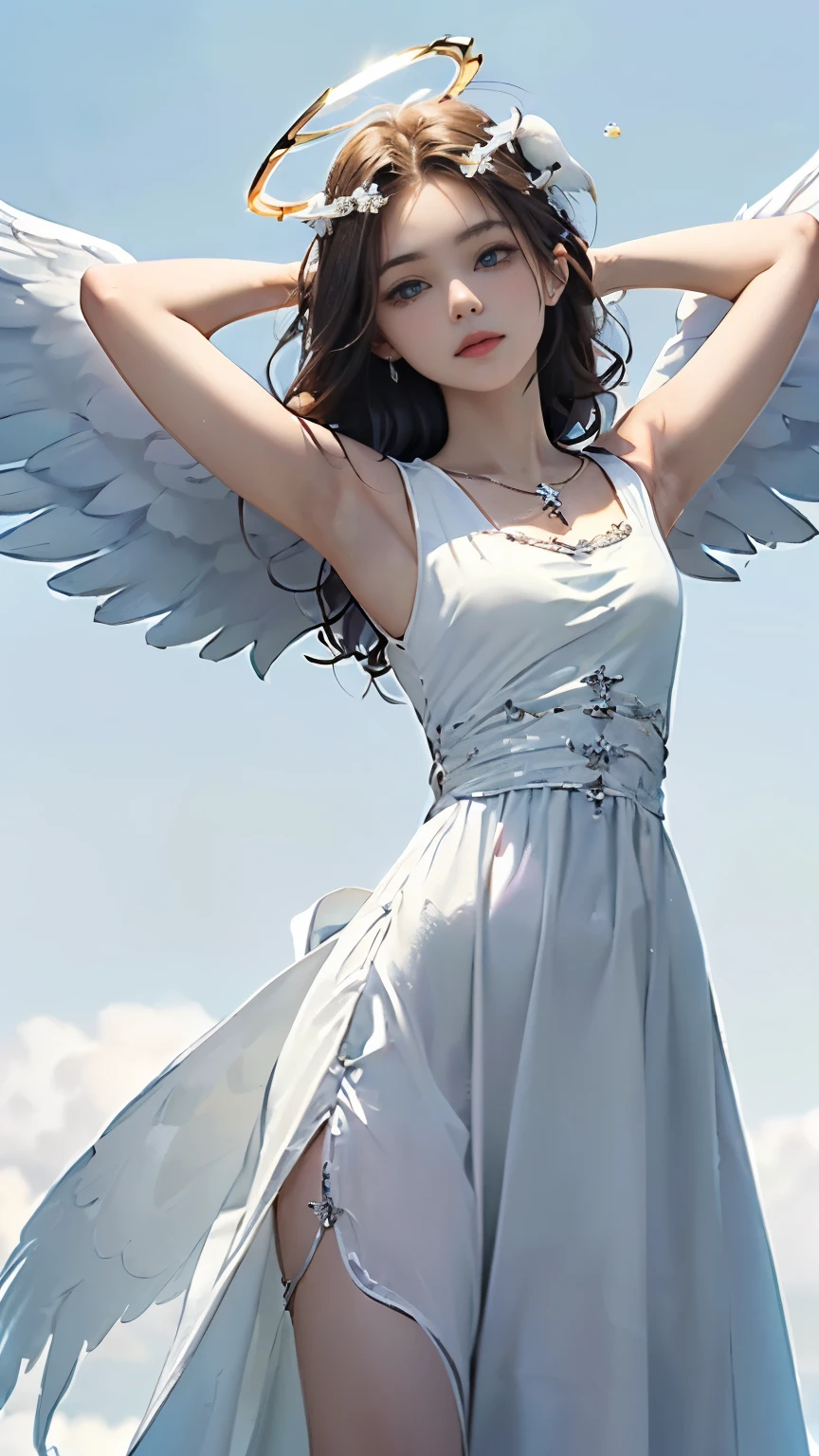 (((Masterpiece))),((top quality)),one beautiful girl,Pale, (A character that personifies an angel: 1.5), (((A strong halo shines from behind the head:1.5)))、(medieval pure white dress:1.5)))、(belly button)、(white bird wings:1.5),(plain clothes), (skin revealing),(The background is heaven 1.5).(((from the front:1.5)))、(straight front: 1.5)、(((fold your arms:1.5)))、