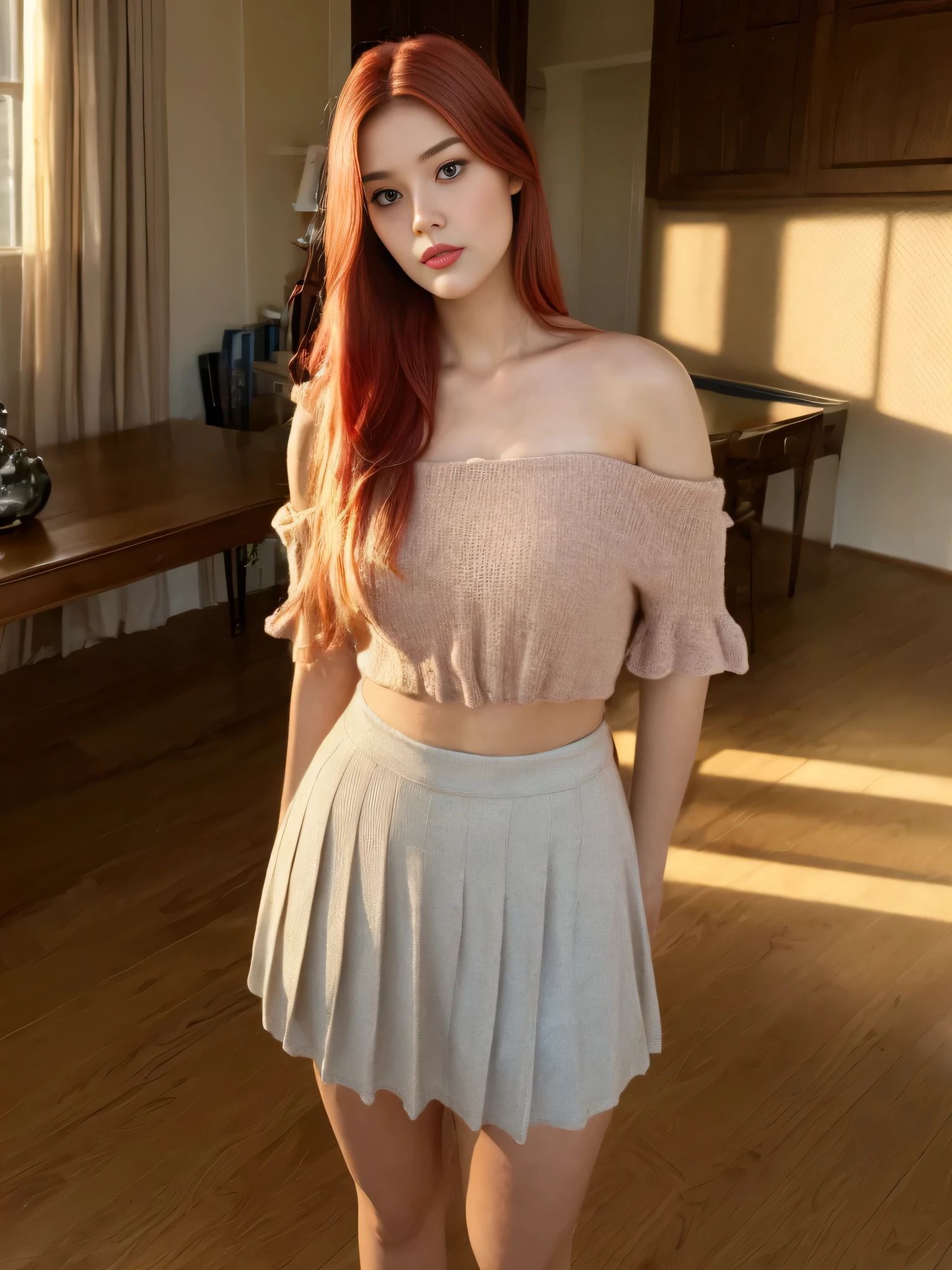 nordic young woman, cute face, seductive, best quality, masterpiece, Off-shoulder V neck shirt with pleated mini skirt, golden hour, detailed textures, long braded hair, Standing on floor, looking up, posing, intimate pose, library, interior, [blush], aesthetic, intricate, caustics, light rays, sunlight, (((soft lips))), (((glossy lips))), highly detailed, (semi-realistic:1.2), niloudef, red hair