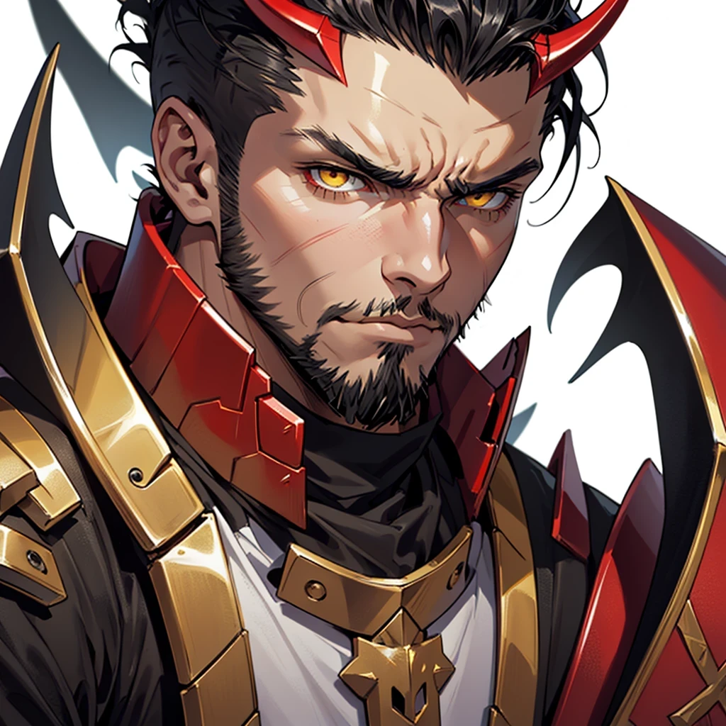 anime medieval art, masterpiece, best quality, male, solo, (((close-up face portrait))), detailed composition, detailed eyes, (((white background))), short black spiky hair, undercut hair, angry, devil horns, full beard, burly, yellow eyes, (((wearing black clothes with red armor)))