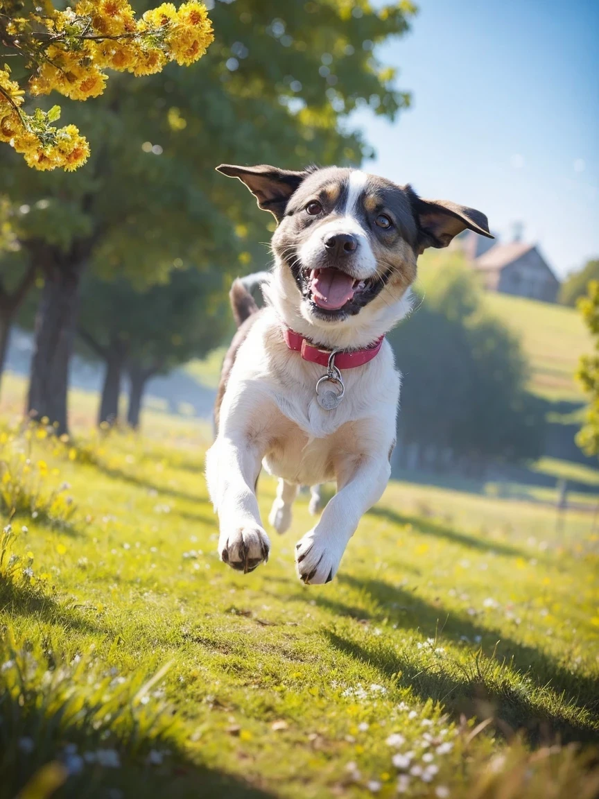 a friendly dog playing in a sunny meadow, soft fur and wagging tail,big brown eyes, cute floppy ears, joyful expression, running and jumping around, chasing a ball, with a colorful collar, surrounded by blooming flowers, vibrant colors, sunny and warm atmosphere, capturing the happiness and energy of the moment. (best quality,ultra-detailed:1.2), HDR lighting, vivid colors, photorealistic rendering, realistic details of fur and grass, joyful and lively feeling, nature, pets, happiness, outdoor activities.