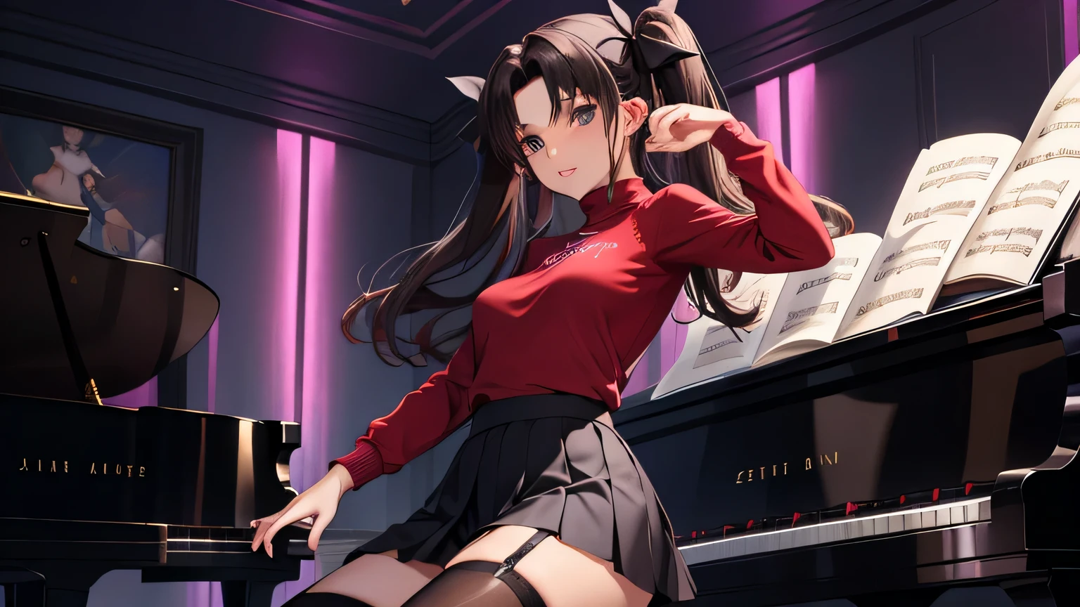 1 girl, alone, perfect sexy female body, (Sexy and seductive poses:1.3) , music room, BREAK rin_Tohsaka, Tohsaka rin, black hair, long hair, black hair, two side up, twin tails, EPfsnRin, Perfect Lips BREAK Sweater, long sleeve, Red sweater BREAK thigh-high socks, garter strap, zettai ryouiki, (black pleated skirt), Grand piano, (piano performance:1.put the piano:1.), bright stage,