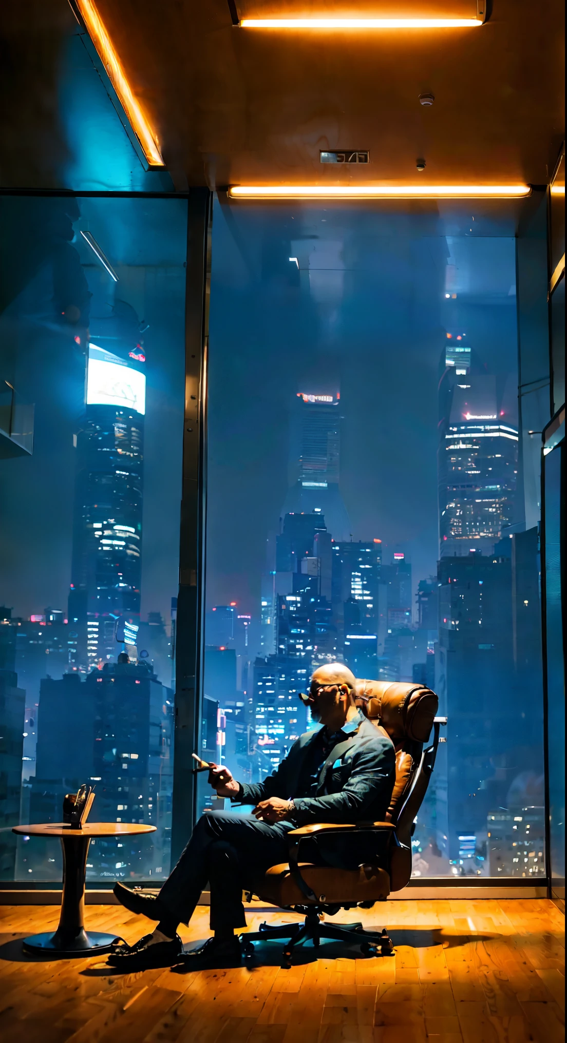 a skyscraper office in the big city, the cyborg man sits in a luxurious chair and holding a smoking cigar in his hand, high quality, absurdres, masterpiece, beautiful, intricate details, 1/2 body crop, slim body, beautiful figure, magnificent anatomy, (intricate details:1.12), HDR, (intricate details, hyper-detailing:1.15), (natural skin textures, hyper realisitc, soft light, Sharp:1.2)