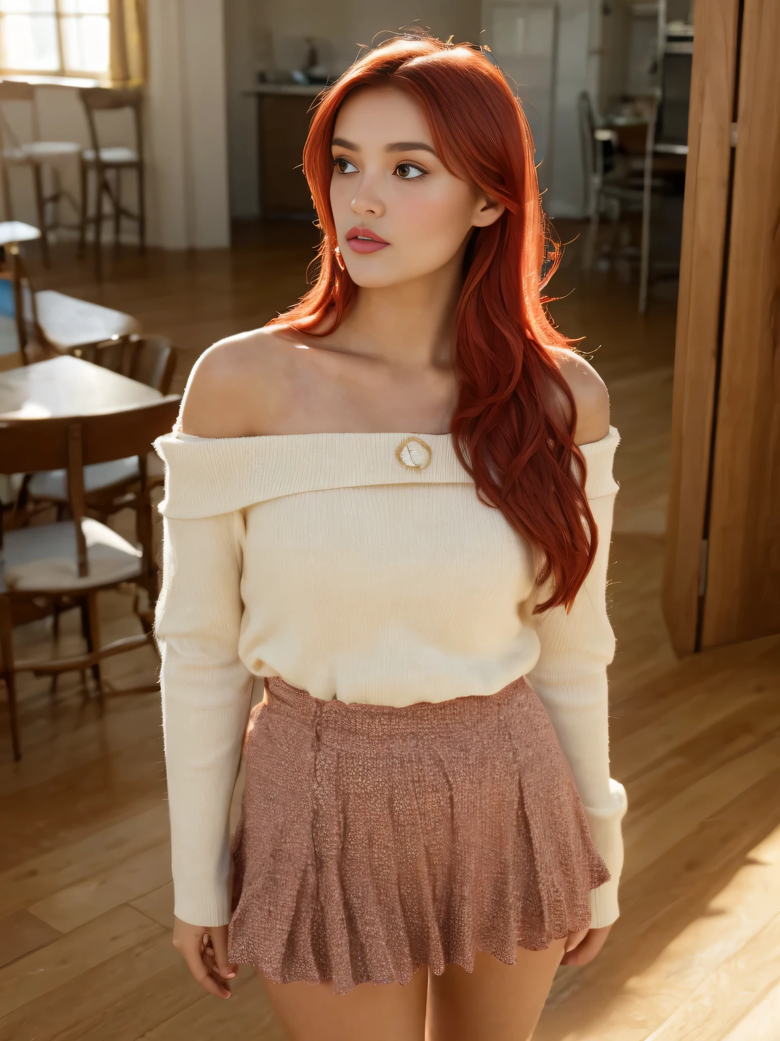 nordic young woman, cute face, seductive, best quality, masterpiece, Off-shoulder V neck shirt with pleated mini skirt, golden hour, detailed textures, long braded hair, Standing on floor, looking up, posing, intimate pose, library, interior, [blush], aesthetic, intricate, caustics, light rays, sunlight, (((soft lips))), (((glossy lips))), highly detailed, (semi-realistic:1.2), niloudef, red hair