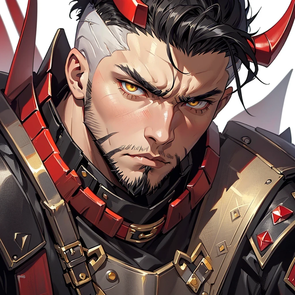 anime medieval art, masterpiece, best quality, male, solo, (((close-up face portrait))), detailed composition, detailed eyes, (((white background))), short black spiky hair, undercut hair, angry, devil horns, full beard, burly, yellow eyes, (((wearing black clothes with red armor)))