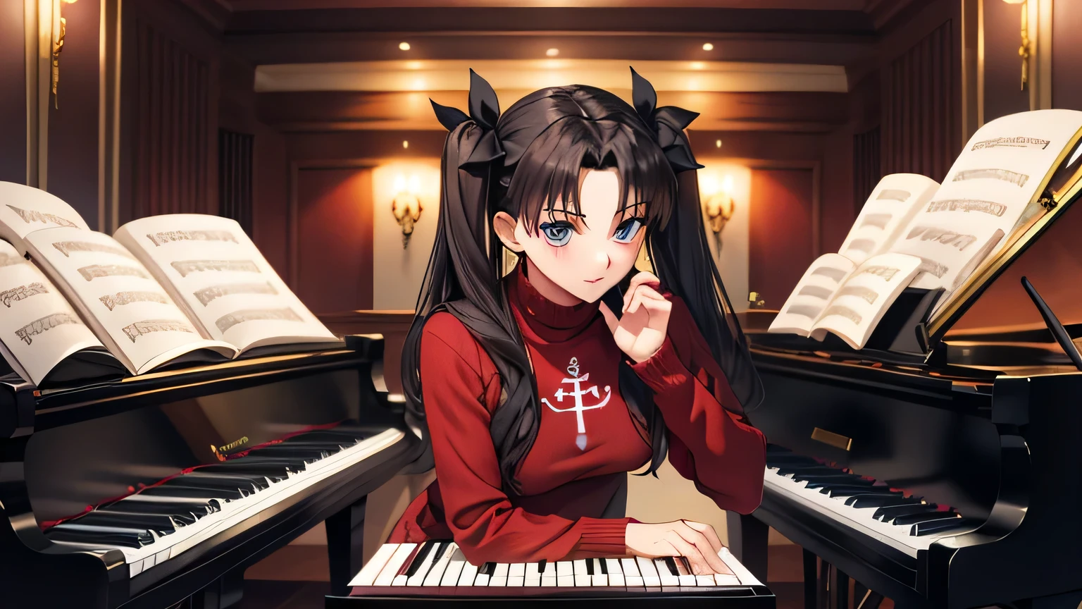 (masterpiece, highest quality:1.2), very detailed, soft ambient lighting, sharp focus, 4k, break 1 girl, alone, nagatoro hayase, hair ornaments, brown eyes, hair clip, black skin, black hair, , white shirt, navy blue skirt, play the piano　Playing the piano keys, looking at the viewer, grin and laugh,