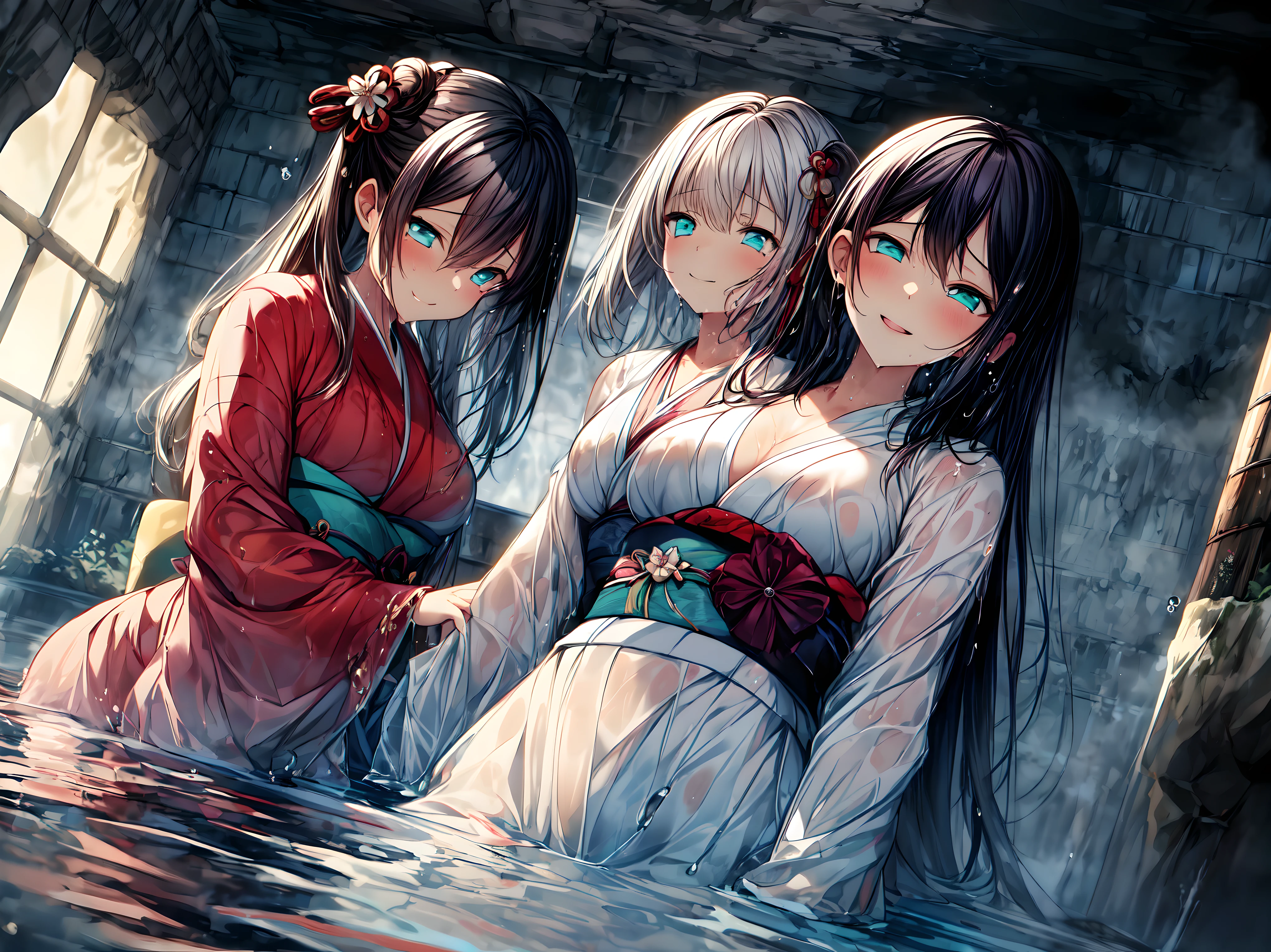 hyper quality, high resolution, intricate details, panorama, dutch angle, (2 girls) wearing (flower kimono), cotton texture kimono, (red and teal kimono:1.15), (very large kimono, large kimono sleeve, best cotton texture, best Wrinkles on kimono), (yuri, lesbian), (deep kiss,sex:1.2), full body, Beautiful eyes, (Partial submerse:1.1),Partial kimono in water, (Water sprayed, water column:1.1) (wet, very wet kimono, wet body, wet long black hair, wet kimono sleeve, wet kimono drees, wet skin:1.1), (Transparent mucus wrapping, water drop), submerse in water, Poignant and beautiful, Smile in despair, smile in sadness, closed mouth, (beautiful and detailed water:1.1), (dark dungeon, dark and damp water dungeon, enclosed space:1.15), (Cement walls), dark light, light source, (atmosphere of despair:1.15), (Water mist), inspired by the flower house Yiding's manga painting, Pixiv competition winner, ukiyo-e, ukiyo-e art style, ukiyo-e style, Japanese art style, Japanese illustrator,