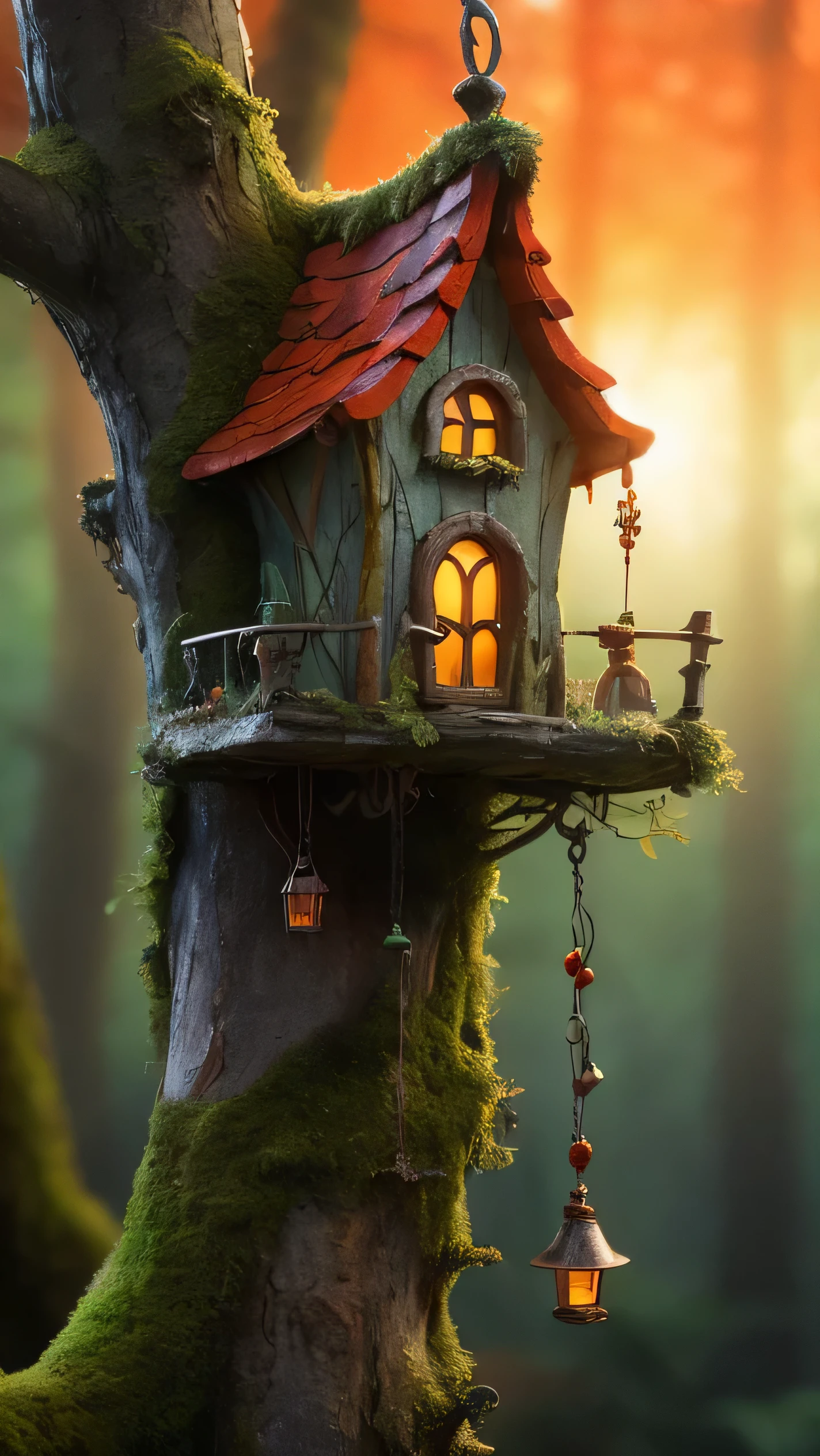 Close-up, zoom; A whimsical scene of a perched on a mossy tree branch with hanging tendrils, and a fairy house. The Dutch angle adds a dramatic effect. The background is a blurred forest view.; sunset stunning light effect,sky orangeband red,cinematic 3D matte paint, industrial light & magic render