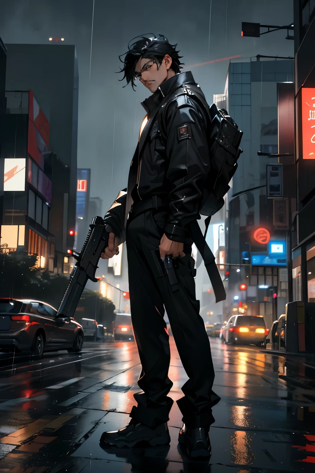 best quality, masterpiece,juvenile,young male,Black hair, brown eyes,black clothes, look ahead, whole body,Holding two guns in hand,rainy night,standing on top of the building,city center