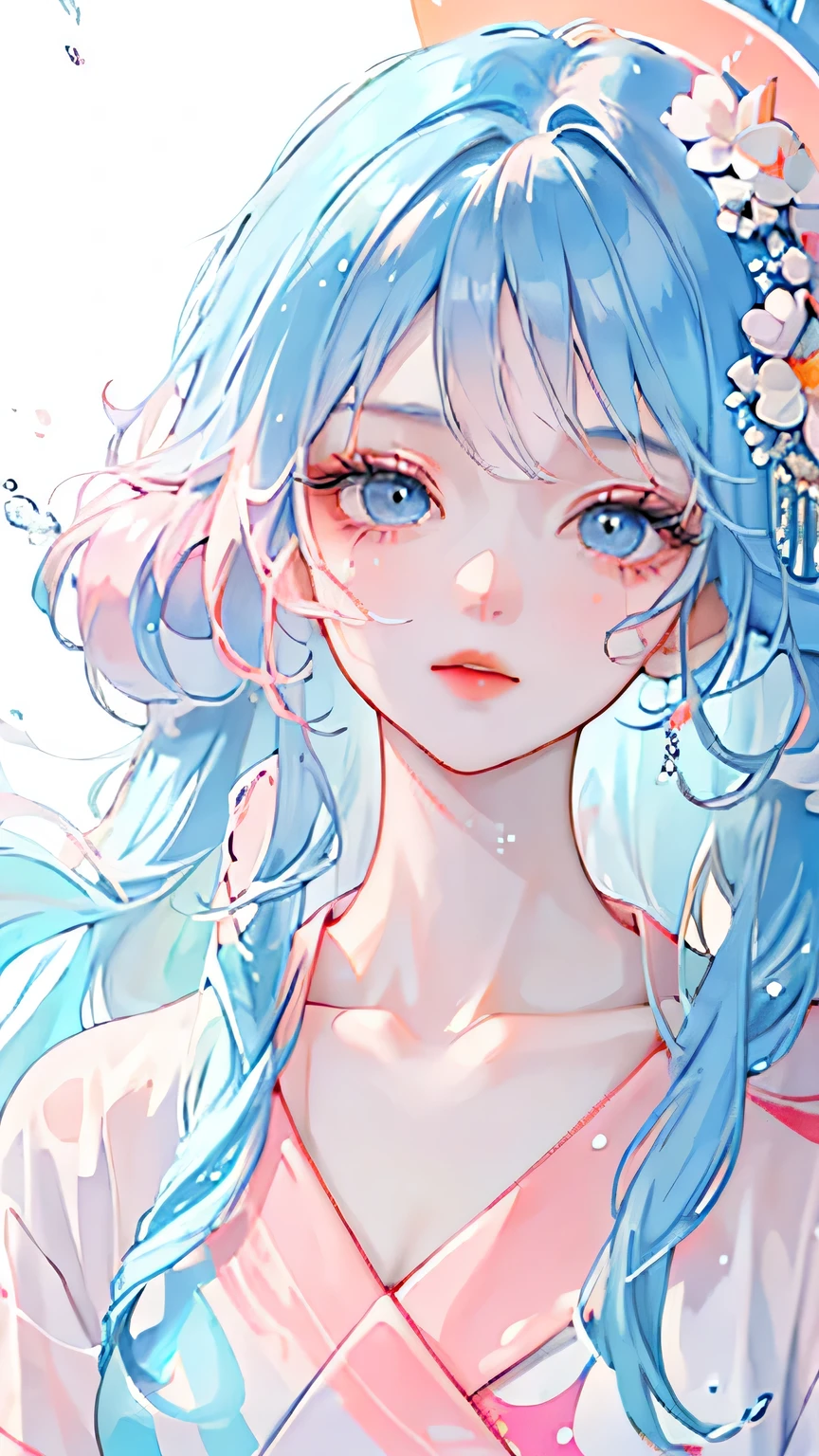 (masterpiece, best quality, High resolution), White background, acrylic paint, ((color splash, splash ink, color splash)), sweet chinese girl, Long light blue hair, [light blue|Pink] hair, Curly hair, flash, peach lips, White shirt, front, Upper body