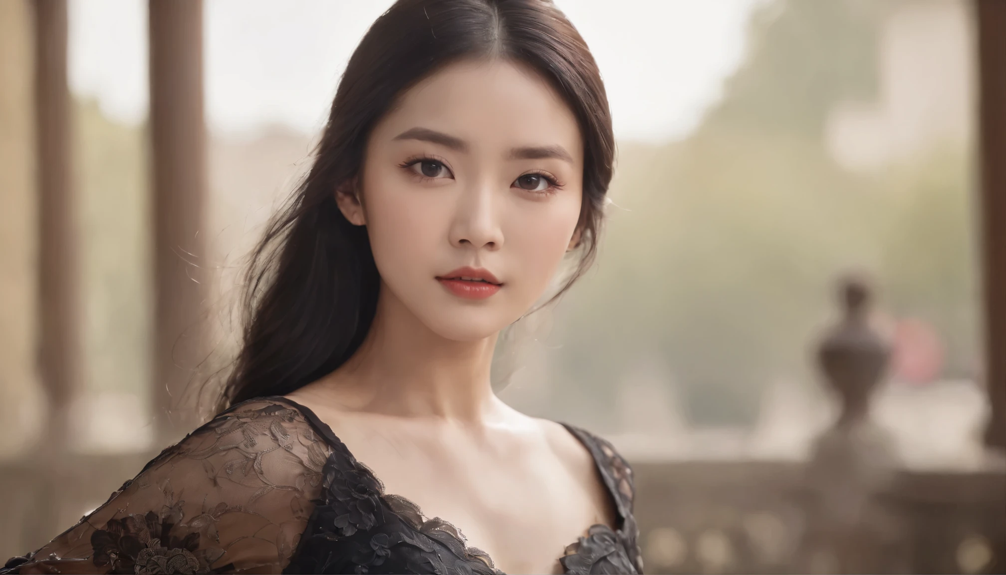 chinese woman, Exquisite Facial Features, A Seductive Pose, Lace Pleated Skirt, black Hair, running