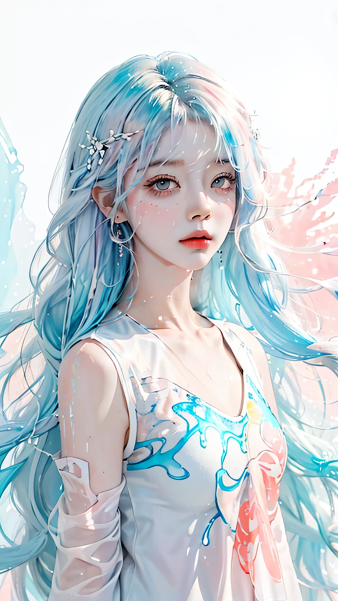 (masterpiece, best quality, High resolution), White background, acrylic paint, ((color splash, splash ink, color splash)), sweet chinese girl, Long light blue hair, [light blue|Pink] hair, Curly hair, flash, peach lips, White shirt, front, Upper body