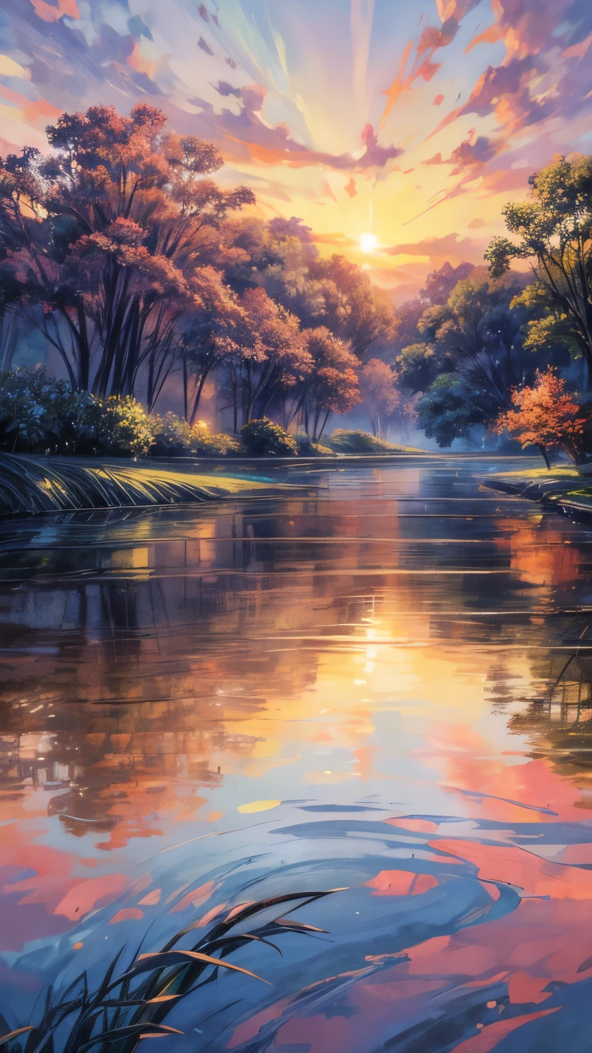 Impressionist watercolor landscape showing a rural residence set in (rice fields) by a calm flowing river, as the setting sun creates a multicolored canvas against the sky and reflects its brilliance on the surrounding foliage and calm water, ancient residence, calm river, sunset , vibrant sunsets, lush nature, twilight, beautiful textures, rich foliage, serene harmony, reflections in the water, warm color palettes, broad brush strokes, dreamy atmosphere, gradient skies, soft lighting, artistic impressions