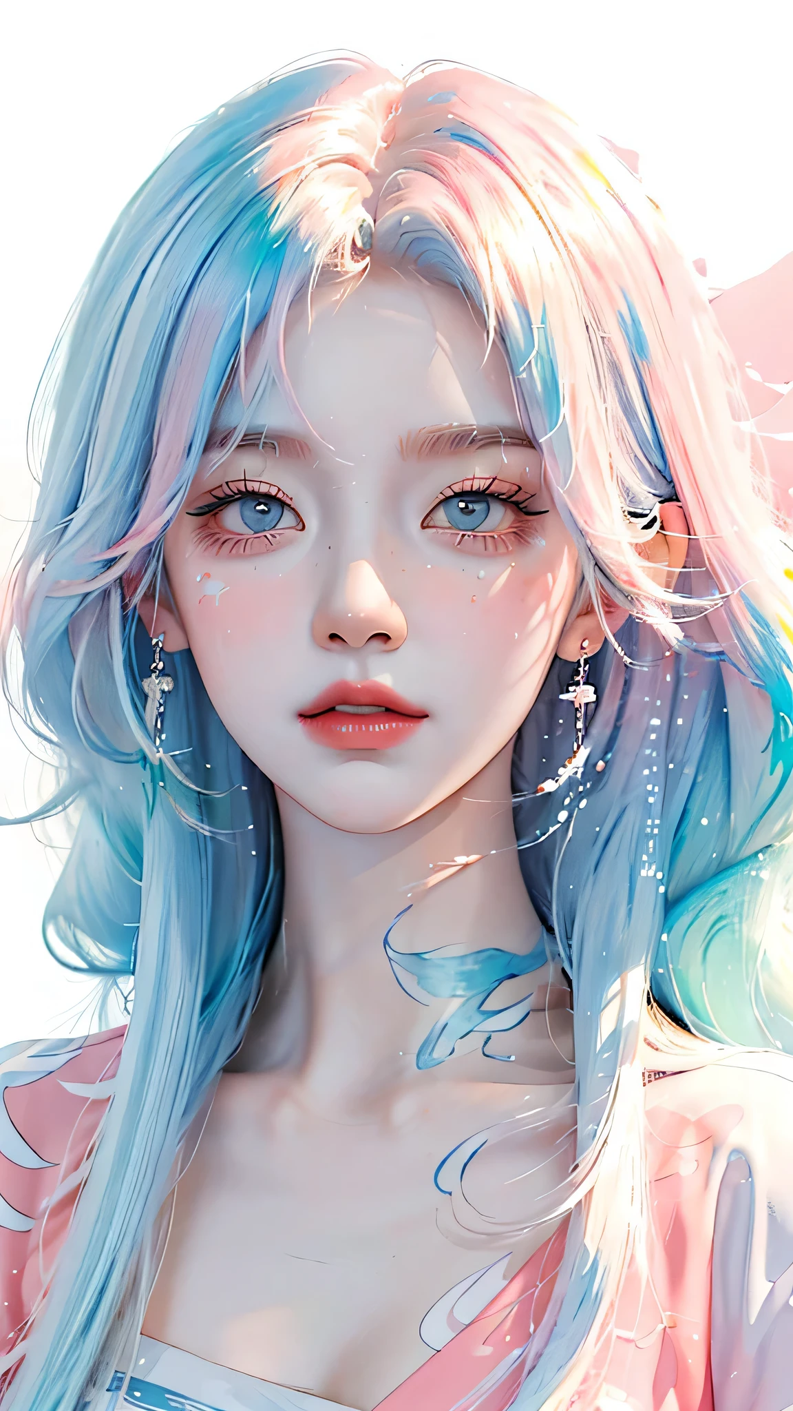 (masterpiece, best quality, High resolution), White background, acrylic paint, ((color splash, splash ink, color splash)), sweet chinese girl, Long light blue hair, [light blue|Pink] hair, Curly hair, flash, peach lips, White shirt, front, Upper body