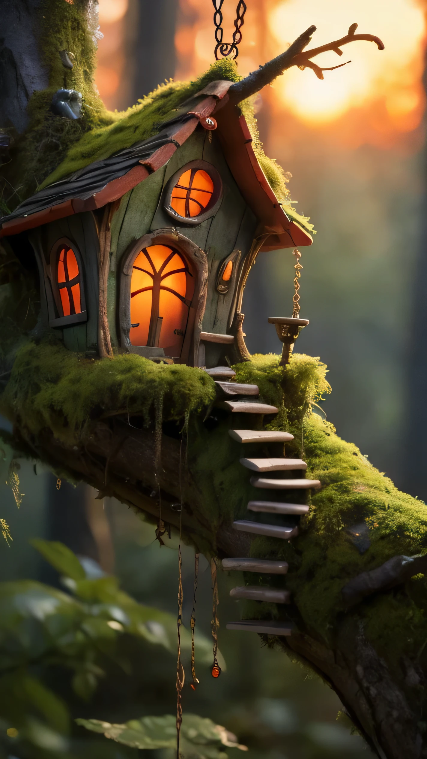 Close-up, zoom; A whimsical scene of a perched on a mossy tree branch with hanging tendrils, and a fairy house. The Dutch angle adds a dramatic effect. The background is a blurred forest view.; sunset stunning light effect,sky orangeband red,cinematic 3D matte paint, industrial light & magic render