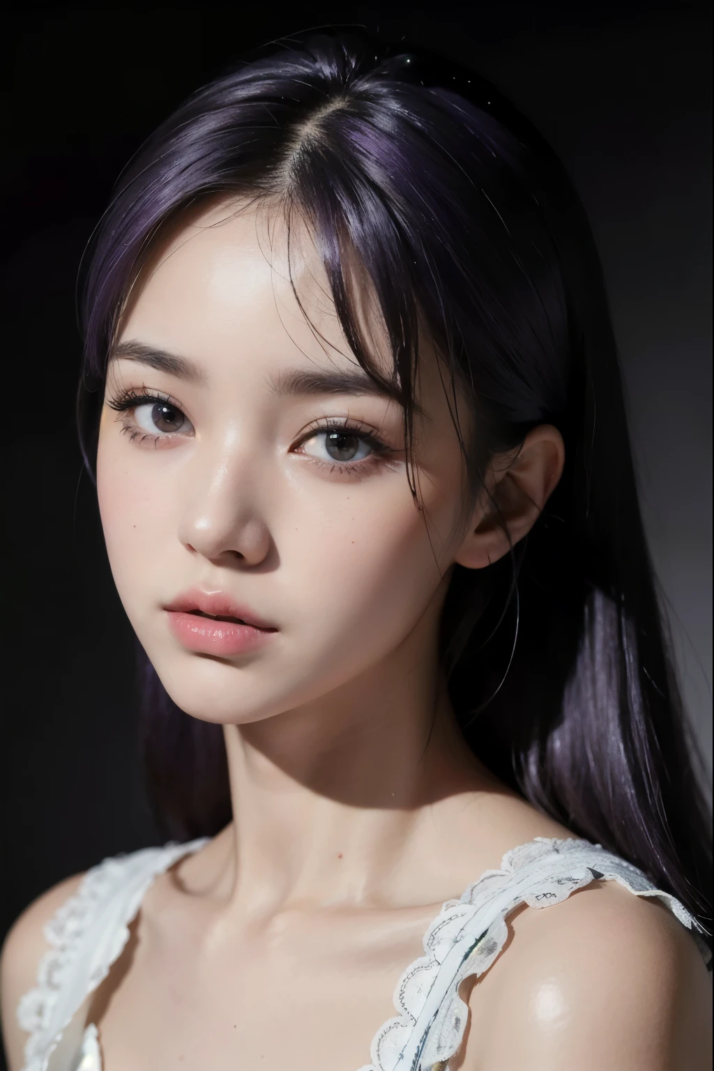 highest quality,masterpiece,very detailed,High resolution,4k,ultra High resolution,detailed shadow,ultra realistic,realistic,dramatic lighting,1 girl,alone,detailed face,realistic eyes,realistic skin,white dress,purple hair,dynamic pose, white lace dress