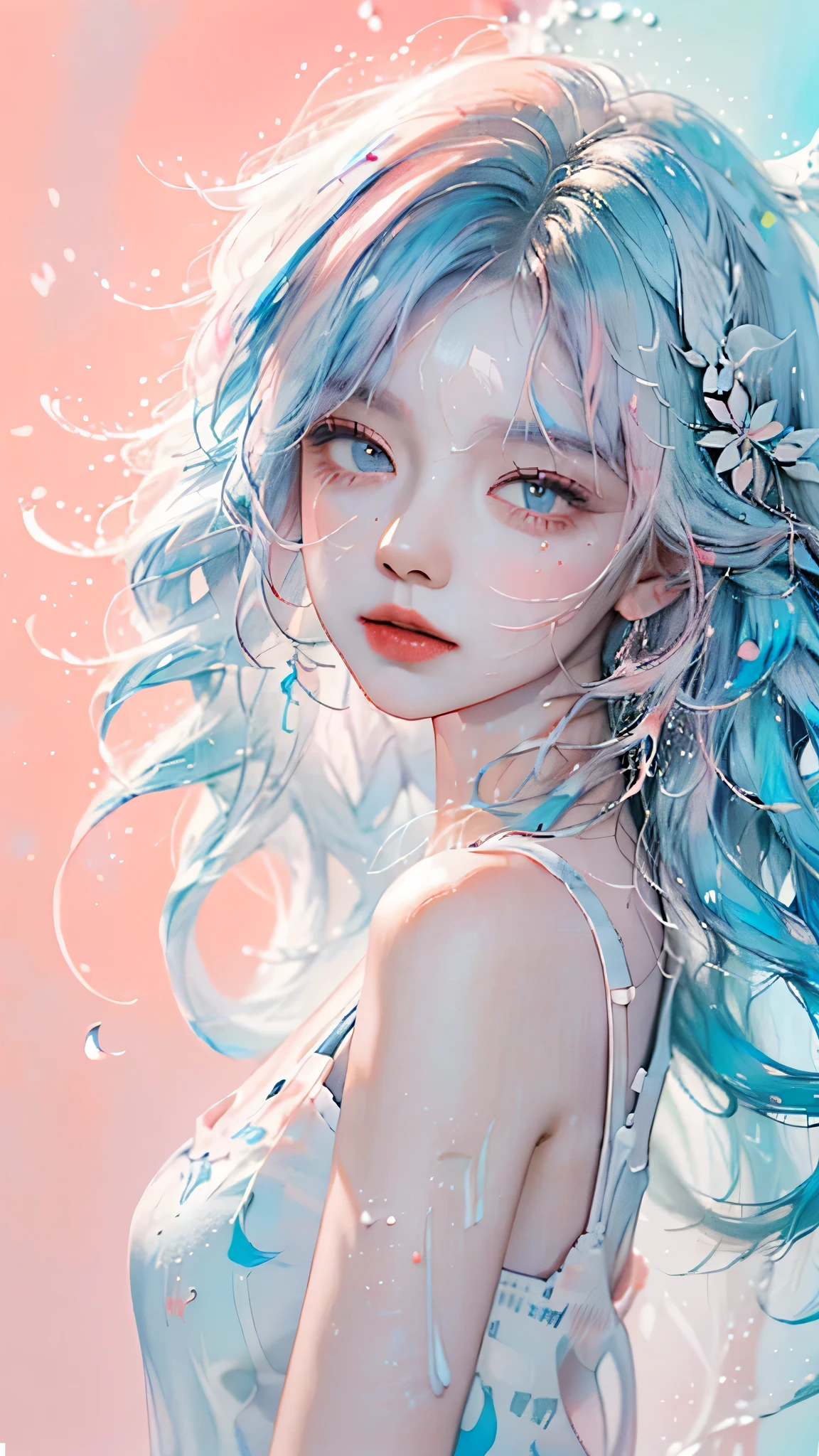 (masterpiece, best quality, High resolution), White background, acrylic paint, ((color splash, splash ink, color splash)), sweet chinese girl, Long light blue hair, [light blue|Pink] hair, Curly hair, flash, peach lips, White shirt, front, Upper body