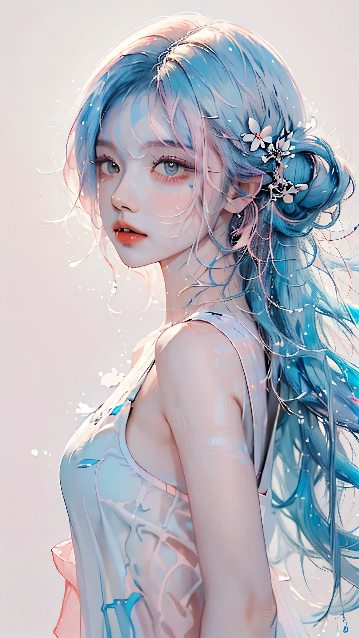 (masterpiece, best quality, High resolution), White background, acrylic paint, ((color splash, splash ink, color splash)), sweet chinese girl, Long light blue hair, [light blue|Pink] hair, Curly hair, flash, peach lips, White shirt, front, Upper body
