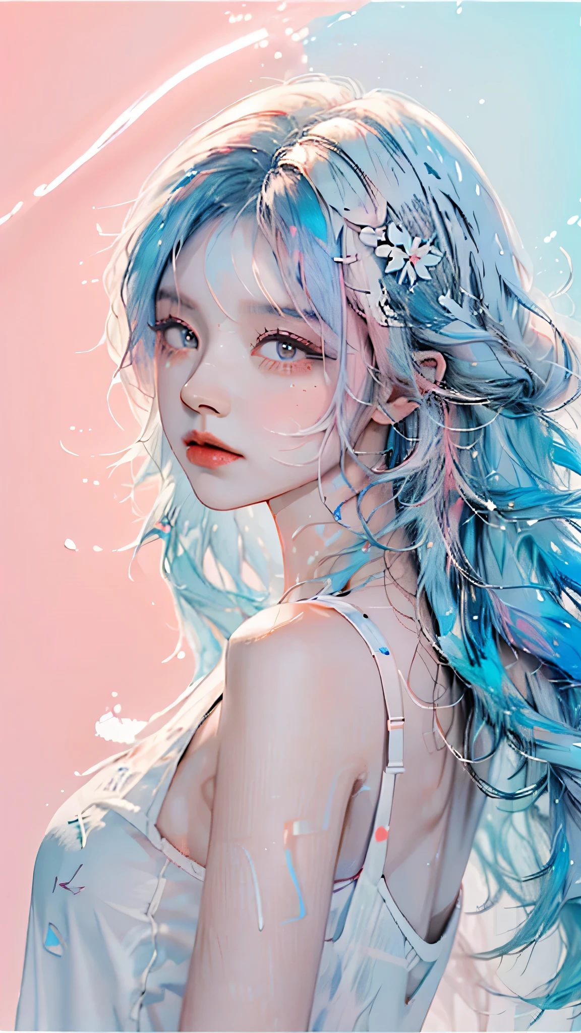 (masterpiece, best quality, High resolution), White background, acrylic paint, ((color splash, splash ink, color splash)), sweet chinese girl, Long light blue hair, [light blue|Pink] hair, Curly hair, flash, peach lips, White shirt, front, Upper body