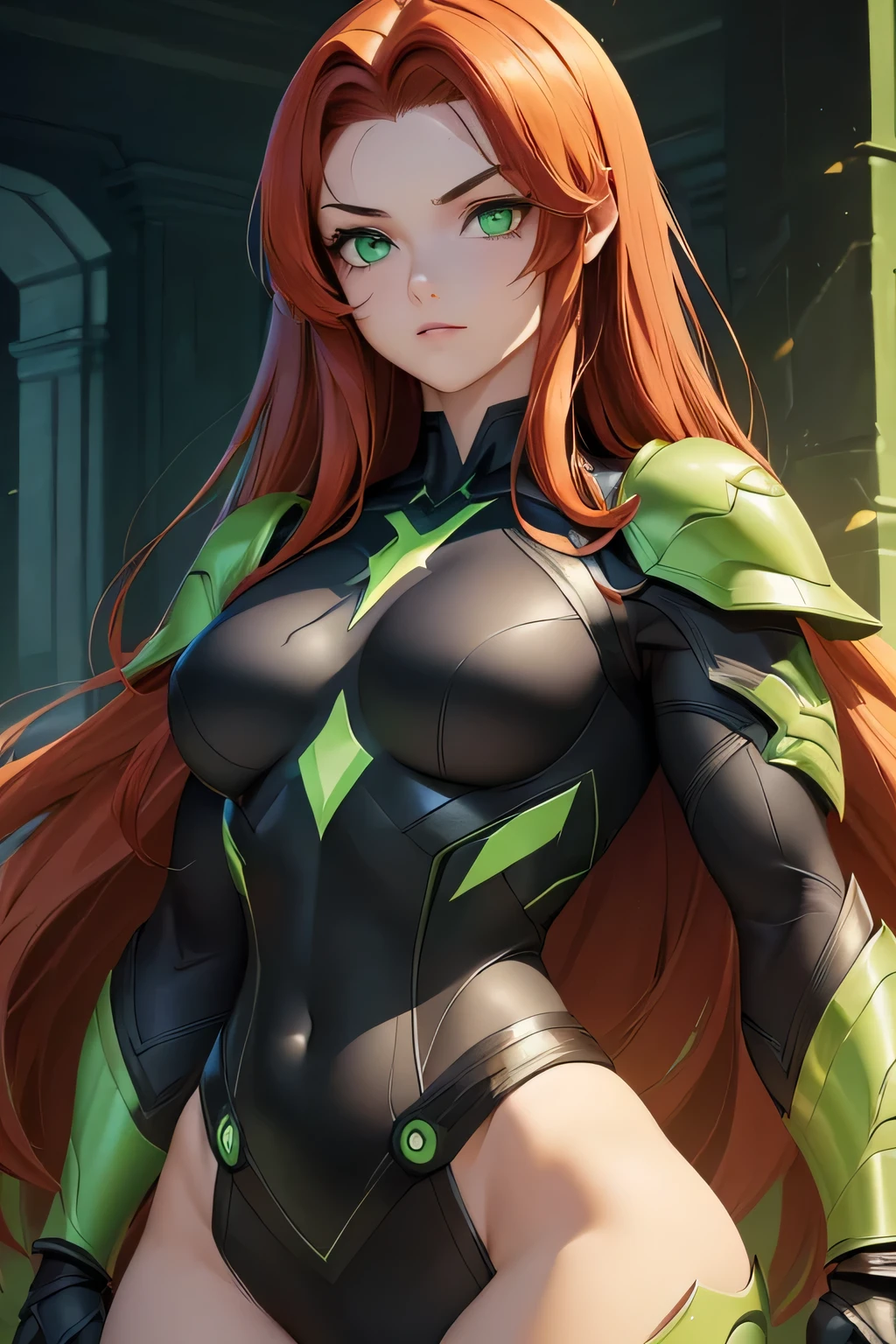 ((Masterpiece)) ((Perfect Face)) ((Beautiful)) ((Small Breasts)) ((portrait)) ((Wide Hips)) ((Broad Shoulders)) ((muscular physique)) ((black and green Super Hero Armor)) ((Super Powers)) ((Long Hair)) ((auburn Hair)) ((Pale Skin)) ((Glowing green Eyes)) ((Button Nose))