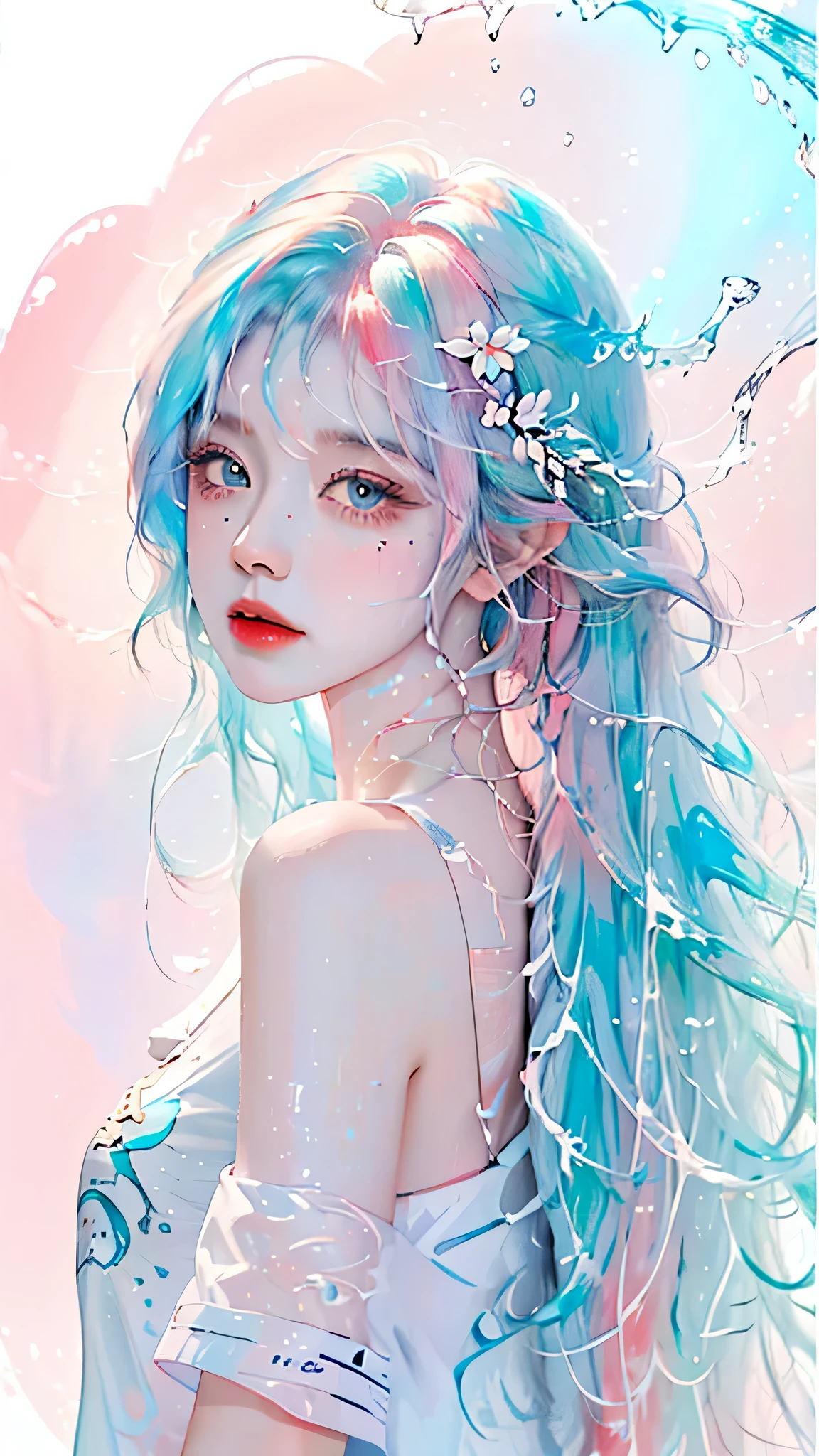 (masterpiece, best quality, High resolution), White background, acrylic paint, ((color splash, splash ink, color splash)), sweet chinese girl, Long light blue hair, [light blue|Pink] hair, Curly hair, flash, peach lips, White shirt, front, Upper body