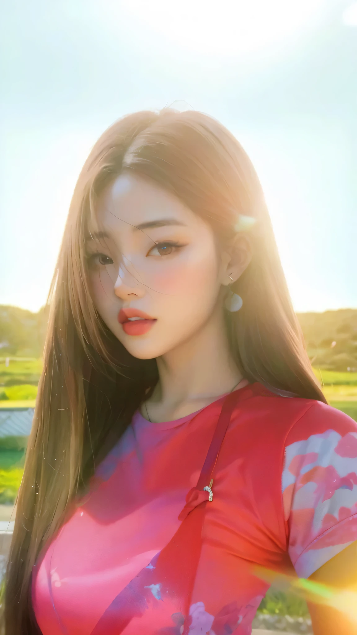 un primer plano de una mujer con cabello largo rubio y vestido rojo, jennie rosa negro, inspirado en Jin Nong, inspirado en Sim Sa-jeong, bae suzy, caliente con sol brillante, retrato de jossi de blackpink, disparo en la hora dorada, art album, kim taejin, inspirado en Kim Deuk-sin, arte tradicional, inspirado en Jeong Seon