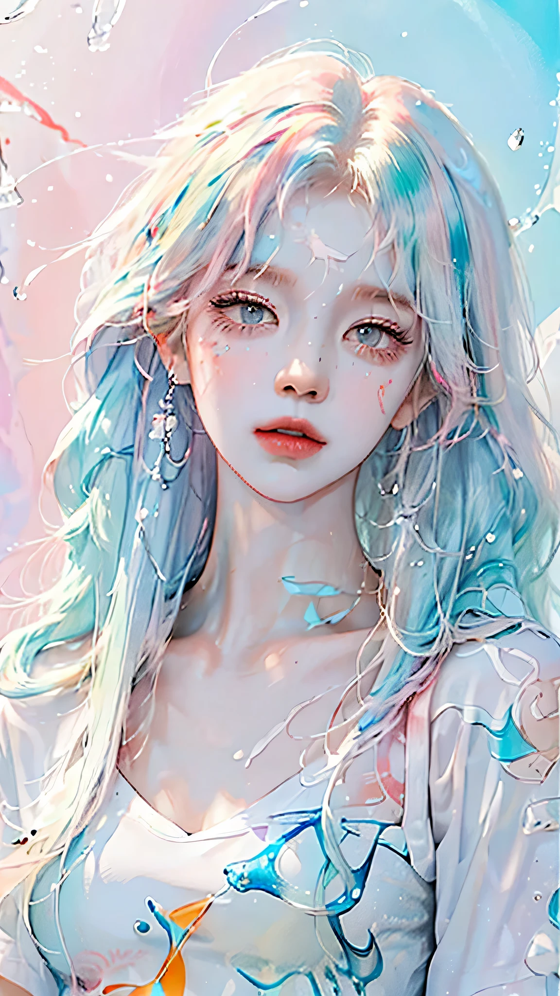 (masterpiece, best quality, High resolution), White background, acrylic paint, ((color splash, splash ink, color splash)), sweet chinese girl, Long light blue hair, [light blue|Pink] hair, Curly hair, flash, peach lips, White shirt, front, Upper body