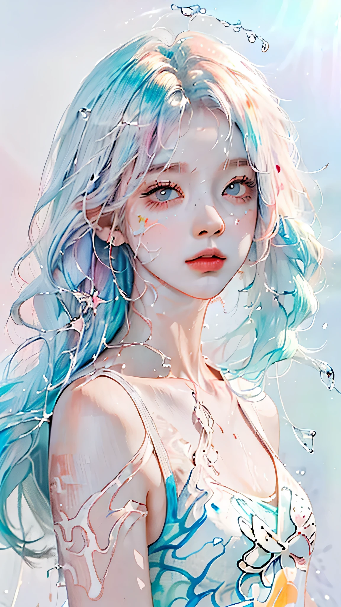 (masterpiece, best quality, High resolution), White background, acrylic paint, ((color splash, splash ink, color splash)), sweet chinese girl, Long light blue hair, [light blue|Pink] hair, Curly hair, flash, peach lips, White shirt, front, Upper body