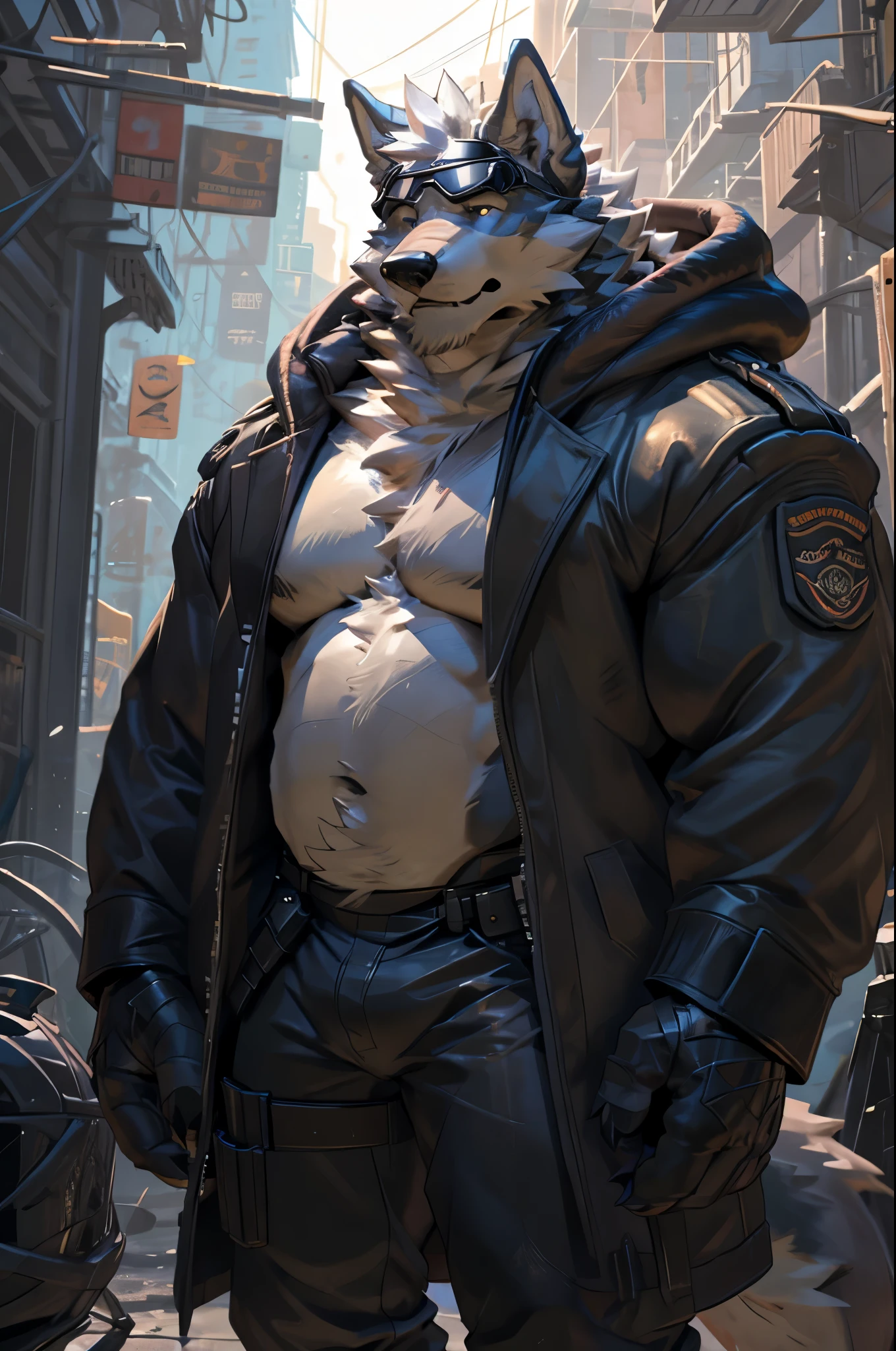 (by taran fiddler), (by darkgem:0.8), (by chunie:1), masterpiece, clothing, coat, trenchcoat, portrait, serious, looking at viewer, (javid:1.2), 4k, ultra detail, full body, grey furry body, male, solo, anthro wolf, detailed gas-mask, mechanical jawline, samurai mask , no eyes, eyes covered, blue eyes, wolf eyes, gas-mask face, mask teeth, mask tubes, mask grill mouth, mouth tubes, Bane mask, Monster mouth, Von Lycan, face hidden, eyes hidden, gas mask wolf, face covered by gas mask, no shirt, not wearing shirt, [no shirt],furry chest, huge chest, furry stomach, firm stomach, furry body, chiseled furry, detailed goggles, no eyebrows, face hidden, welding goggles, dark round sunglasses, dark goggles, black goggles, detailed eye goggles, epic, grey fur, white hair, perfect hands/ gloved hands, arms at sides, metal claw tips, facing camera, very tall, muscular wolf , No Horns, NO hat, towering, hulking tall, huge body, hulk, monstrous, huge muscles, wide shoulders, black leather, wearing a black leather trench coat, WW2 military style coat, long leather coat, no shirt, black leather gloves, metal finger claws, no insignia, black leather pants, leather straps on pants, black leather boots, long white hair; long perfect white hair, no shirt, corporate security, Resident Evil, face covered, long white hair, waist length hair, dark knight bane, silver buttons, detailed hands, dark, industrial militaristic background (detailed cyberpunk background at night), cyberpunk 