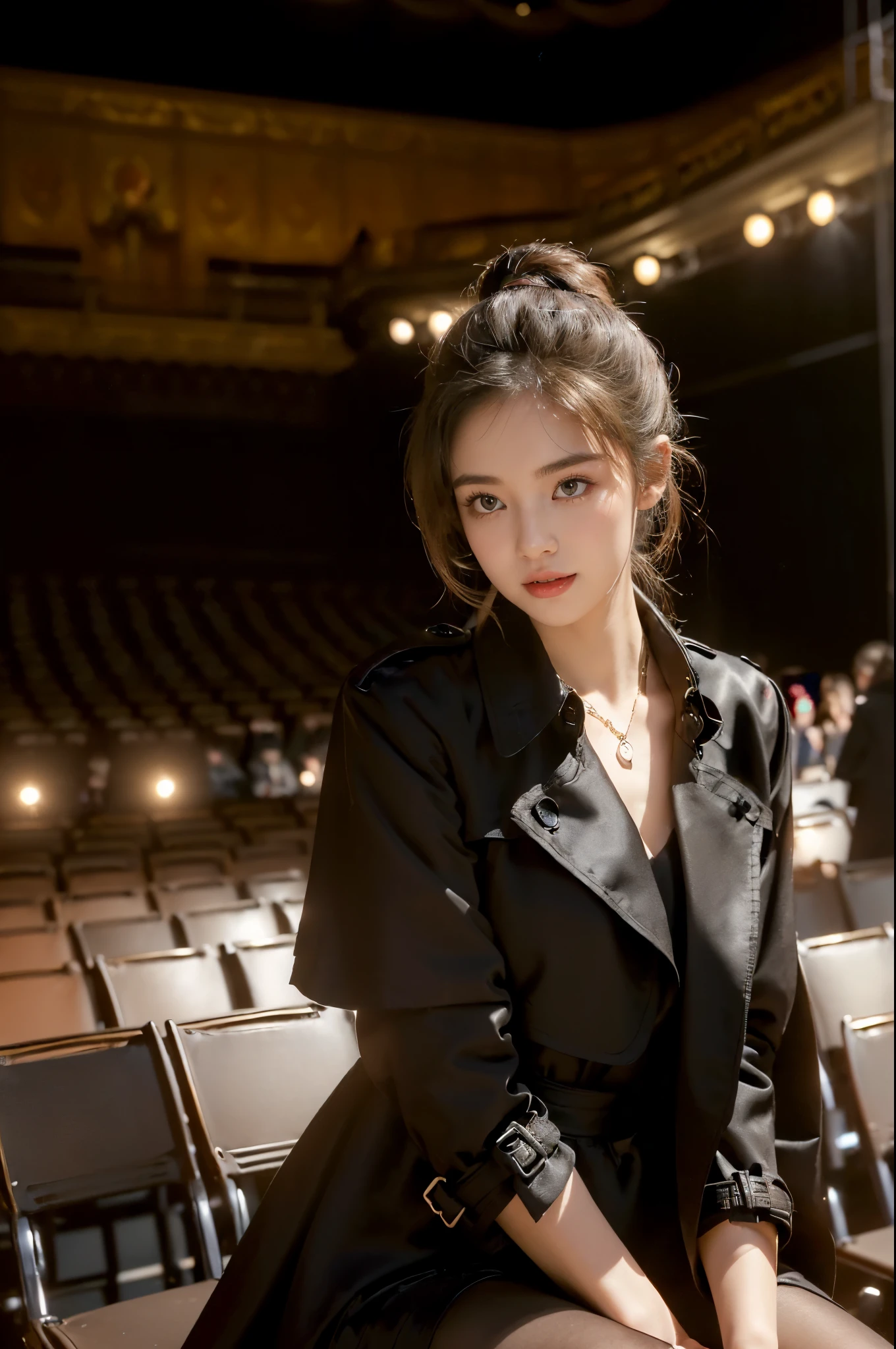 ((((8k))),((Extremely meticulous CG)) ,(wallpaper),16k,((Extremely refined and beautiful)),(((Masterpiece))),(((best qualtiy))),(((Ultra High Resolution))),beautiful light up,Perfect lightning,realistic shaded,((high resolution)),(Smooth and flawless skin:1.5),(Extremely exquisite facial details:1.2),(perfect body:1.2),(ultra-detailed),((A beautiful girl,solo)),(small head:1.2),(pale skin:1.3),(short ponytail:1.2),(small face:1.2),(:1.3),(Exquisite makeup:1.2),(small breasts:1.2),(flat chests:1.2),((slim,thin)),(laughing:1.2),(happy:1.2),(necklace:1.2),(black trench coat:1.5),(underneath the coat is a black dress:1.3),(slender legs:1.2),(pantyhose:1.3),(sneakers:1.2),(night scene:1.3),(In an opera house:1.5),(Luxury decoration:1.3),(neon lights:1.2),(auditorium:1.3),(detailed background:1.5),(sitting in the seat:1.3),(spread legs apart:1.3),(upper body:1.3),(from front:1.3),(surrounded by crowded crowds of audience:1.5),