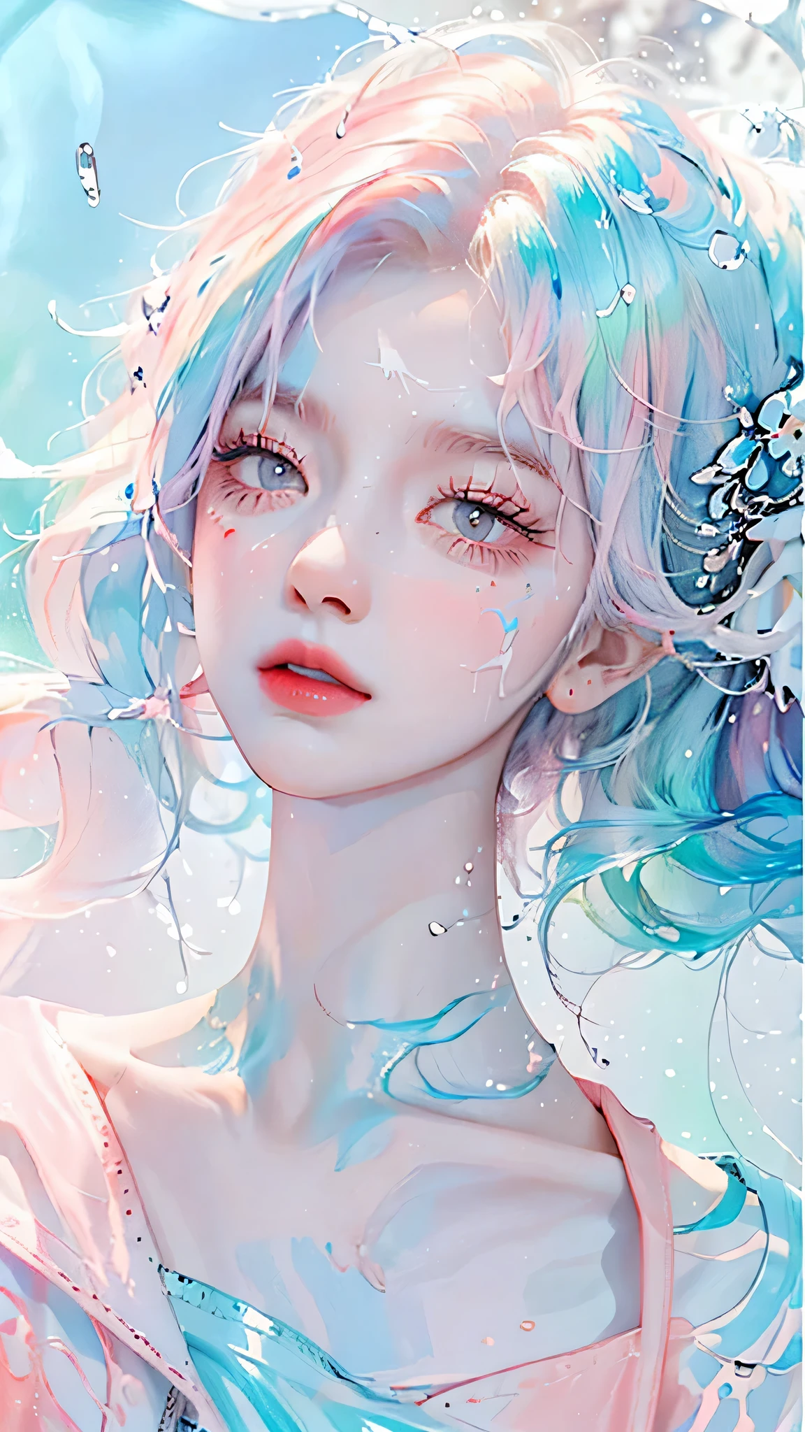 (masterpiece, best quality, High resolution), White background, acrylic paint, ((color splash, splash ink, color splash)), sweet chinese girl, Long light blue hair, [light blue|Pink] hair, Curly hair, flash, peach lips, White shirt, front, Upper body