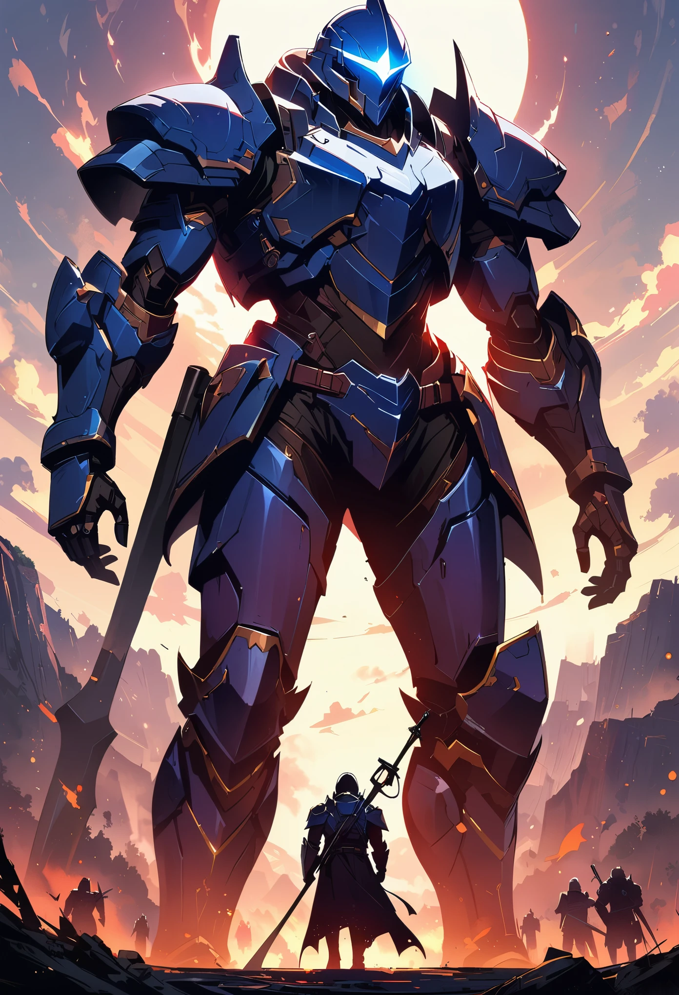(masterpiece: 1.2), best quality, High resolution, HD, unified 8k wallpaper, (illustration: 1.0), Beautiful detailed, Very detailed, perfect lighting, Very detailed CG, glowing Eyes, backlight, armor, False trumpet, glow, Full armor, War Armor, humanoid_, trumpet, helmet, mask, sample_background, arms, monster, blue_armor, looking at the audience, alone, view, Armed with a scythe