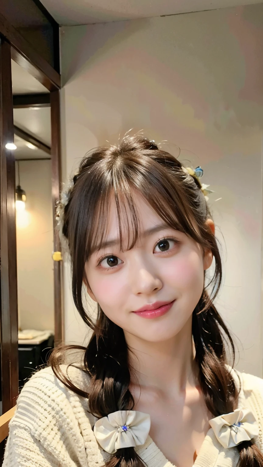 (close up shot)8K、High resolution、⦅big breasts 1.6⦆、With bangs、looking at camera、⦅smile 1.6⦆⦅brown hair⦆、、((long hair))、1 girl、tracksuit、japanese woman、natural smile、detailed facial expressions、cute、inside the apartment、blue clothes、Raw photo、Realistic