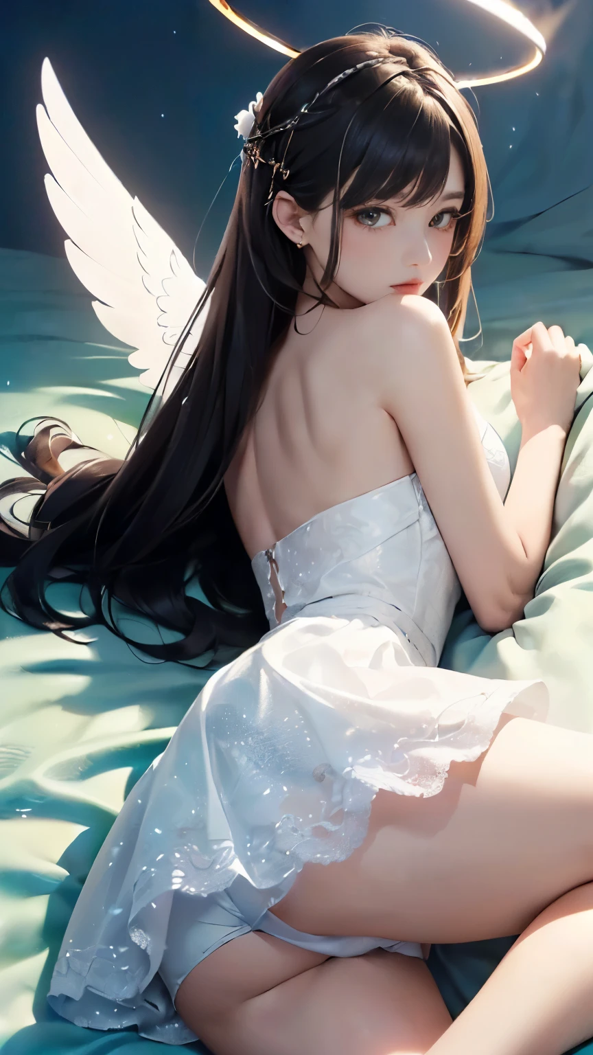 (((Masterpiece))),((top quality)),one beautiful girl,Pale, (A character that personifies an angel: 1.5), (((A strong halo shines from behind the head:1.5)))、(medieval pure white dress:1.5)))、(belly button)、(white bird wings:1.5),(plain clothes), (skin revealing),(The background is heaven 1.5).(((from the front:1.5)))、(straight front: 1.5)、(((lying half naked:1.5)))、