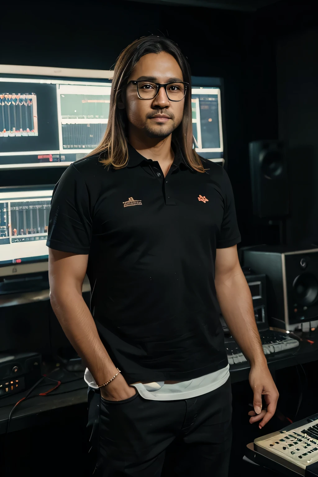 A 38 year old man with an Indonesian face, longish hair, slightly blonde, round eyes, slightly thin body, wearing black glasses, standing in the audio control room at a music concert, dreamy pose, background of band members performing in the background music concert stage with laser lights, an absolute masterpiece, suitable for 64k resolution. It meets the highest standards of authenticity, ensuring every element looks like a high-resolution photo.