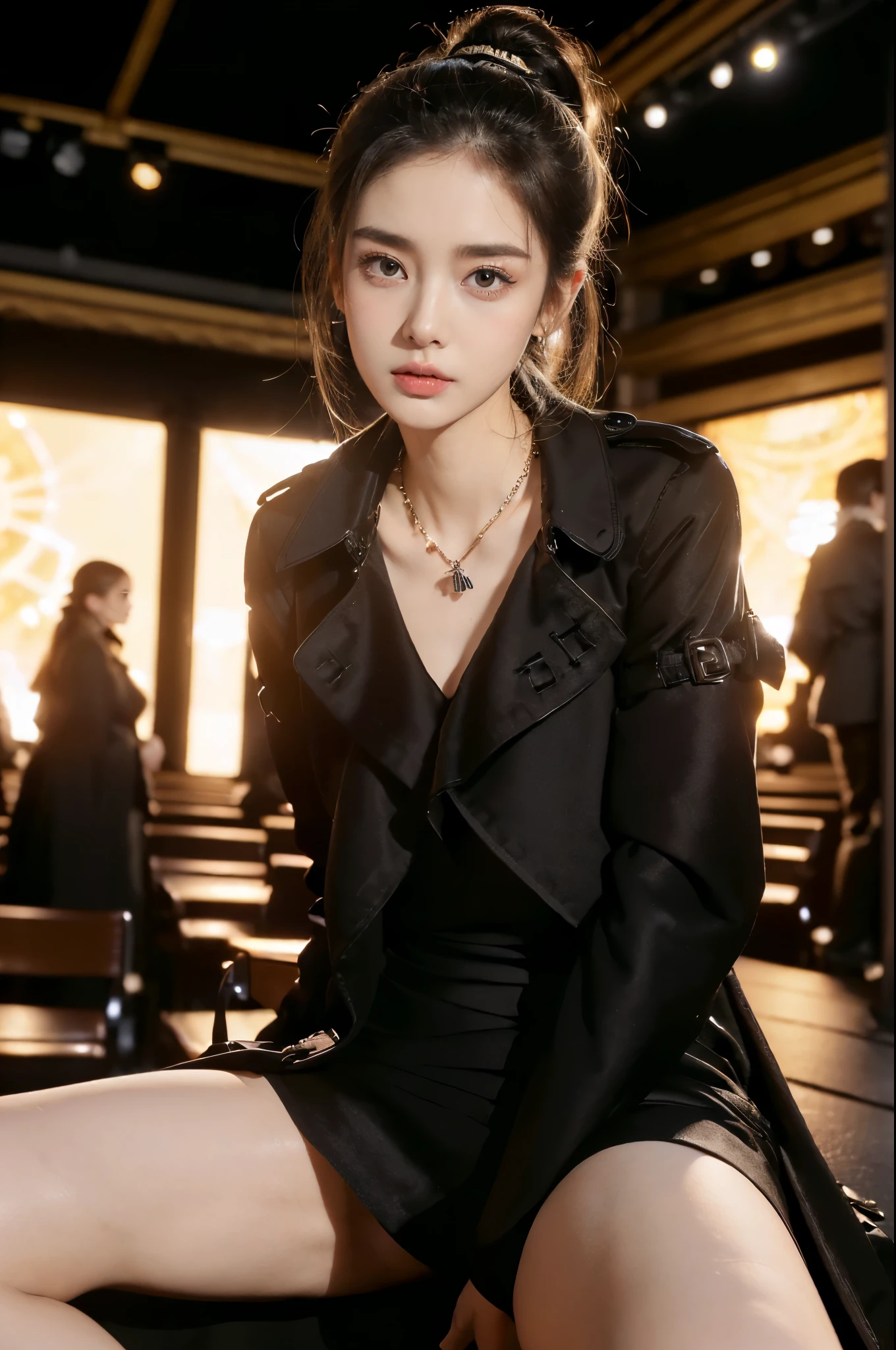 ((((8k))),((Extremely meticulous CG)) ,(wallpaper),16k,((Extremely refined and beautiful)),(((Masterpiece))),(((best qualtiy))),(((Ultra High Resolution))),beautiful light up,Perfect lightning,realistic shaded,((high resolution)),(Smooth and flawless skin:1.5),(Extremely exquisite facial details:1.2),(perfect body:1.2),(ultra-detailed),((A beautiful girl,solo)),(small head:1.2),(pale skin:1.3),(short ponytail:1.2),(small face:1.2),(baby face:1.3),(Exquisite makeup:1.2),(small breasts:1.2),(flat chests:1.2),((slim,thin)),((Frowning, frightened, panicked)),(necklace:1.2),(black trench coat:1.5),(underneath the coat is a black dress:1.3),(slender legs:1.2),(pantyhose:1.3),(sneakers:1.2),(night scene:1.3),(In an opera house:1.5),(Luxury decoration:1.3),(neon lights:1.2),(auditorium:1.3),(detailed background:1.5),(sitting in the seat:1.3),(spread legs apart:1.3),(upper body:1.3),(from front:1.3),(surrounded by crowded crowds of audience:1.5),