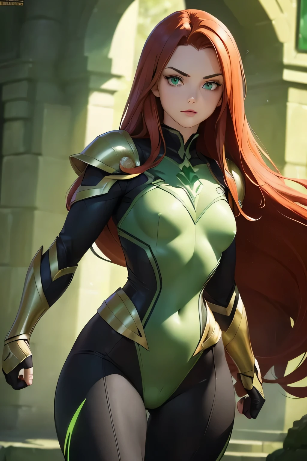 ((Masterpiece)) ((Perfect Face)) ((Beautiful)) ((Small Breasts)) ((portrait)) ((Wide Hips)) ((Broad Shoulders)) ((wiry physique)) ((black and green Super Hero Armor)) ((Super Powers)) ((Long Hair)) ((auburn Hair)) ((Pale Skin)) ((Glowing green Eyes)) ((Button Nose)) ((Perfect Hands))
