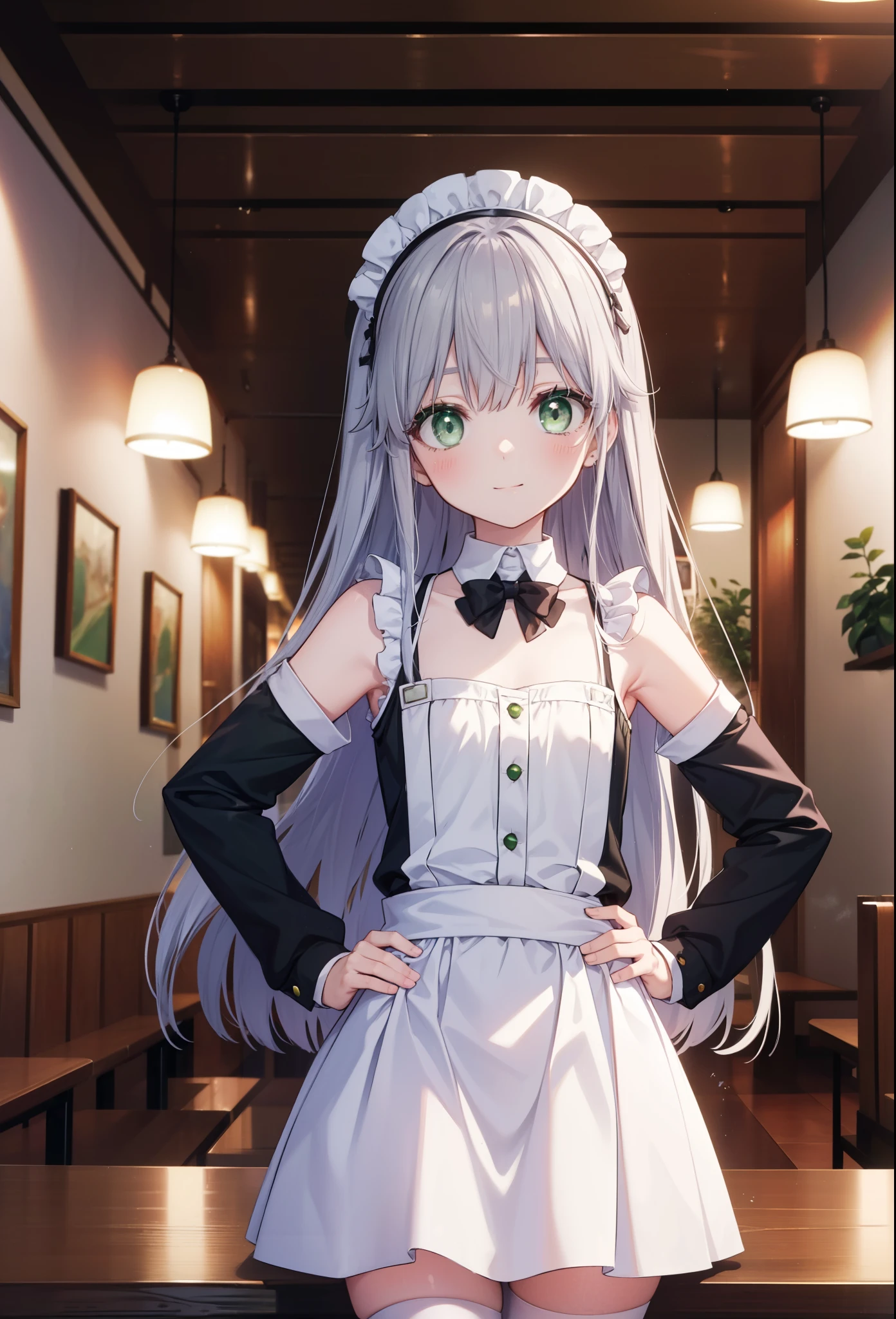 index, index, (green eyes:1.5), silver hair, long hair, (flat chest:1.2),smile,blush,bossy,she was wearing a maid&#39;S long skirt, white stockings on her legs,put both hands on hips,stand with respect,bare shoulders,look up from below,There&#39;there&#39;s a lot of food on the table, break looking at viewer, Upper body, whole body, break indoors, restaurant,viking, break (masterpiece:1.2), highest quality, High resolution, unity 8k wallpaper, (shape:0.8), (fine and beautiful eyes:1.6), highly detailed face, perfect lighting, Very detailed CG, (perfect hands, perfect anatomy),