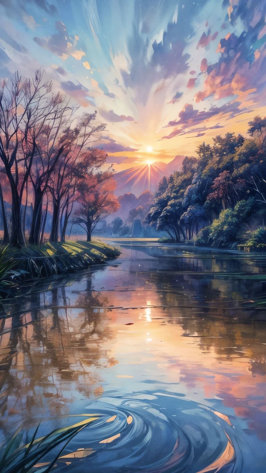 Impressionist watercolor landscape showing a rural residence set in (rice fields) , as the setting sun creates a multicolored canvas against the sky and reflects its brilliance on the surrounding foliage and calm water, ancient residence, calm river, sunset , vibrant sunsets, lush nature, twilight, beautiful textures, rich foliage, serene harmony, reflections in the water, warm color palettes, broad brush strokes, dreamy atmosphere, gradient skies, soft lighting, artistic impressions