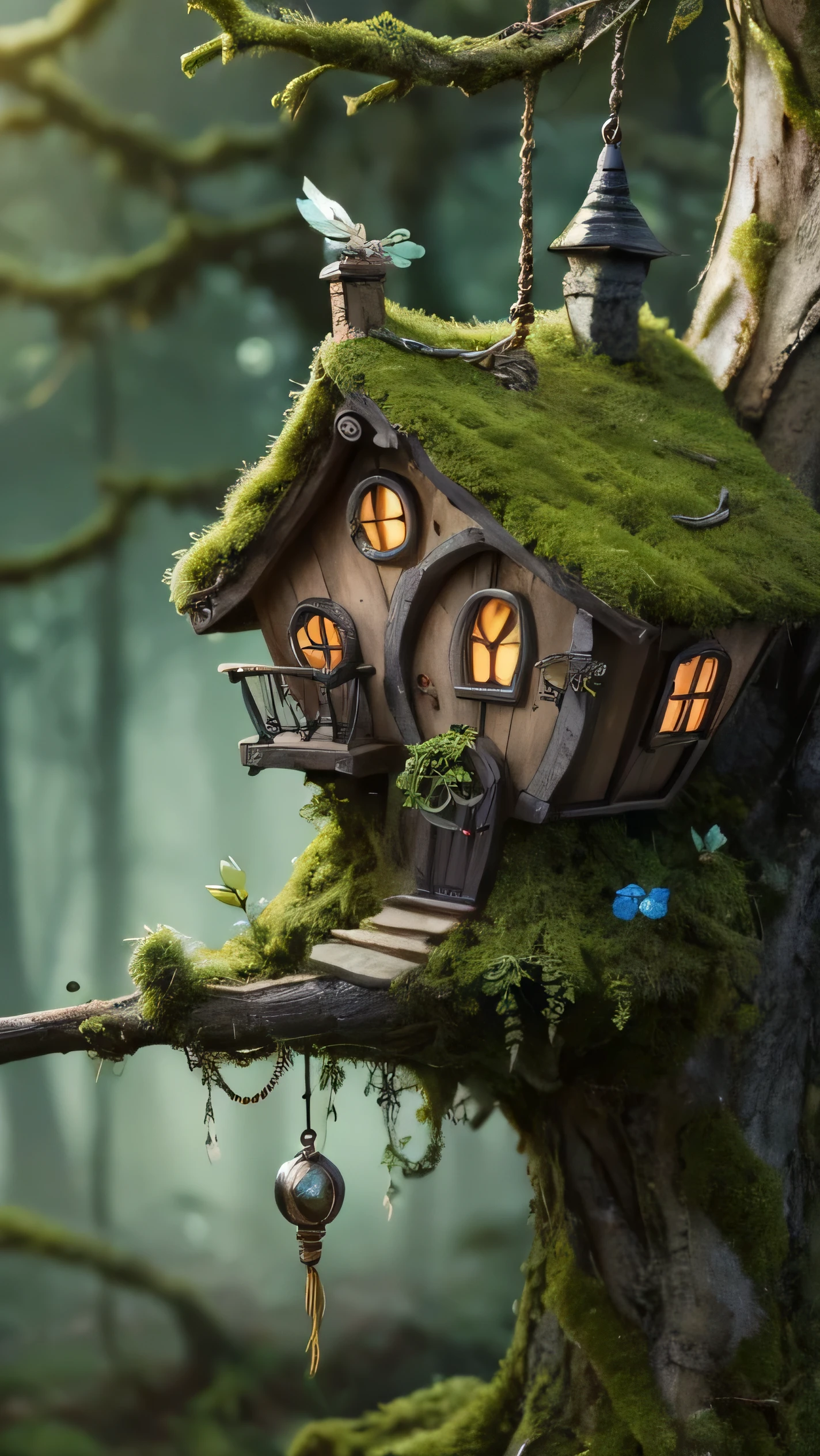Close-up, zoom; A whimsical scene of a perched on a mossy tree branch with hanging tendrils, and a fairy house. The Dutch angle adds a dramatic effect. The background is a blurred forest view.; sunset stunning light effect,sky orangeband red,cinematic 3D matte paint, industrial light & magic render