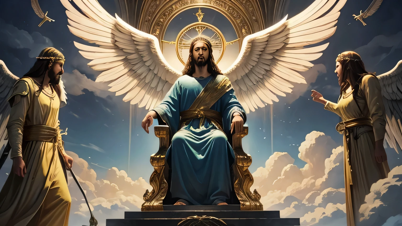 Crie uma imagem que represente o retorno de Cristo, where he will be on his throne in the clouds in high glory, com uma coroa, and his angels will descend from the heavens and below a multitude waiting to be saved