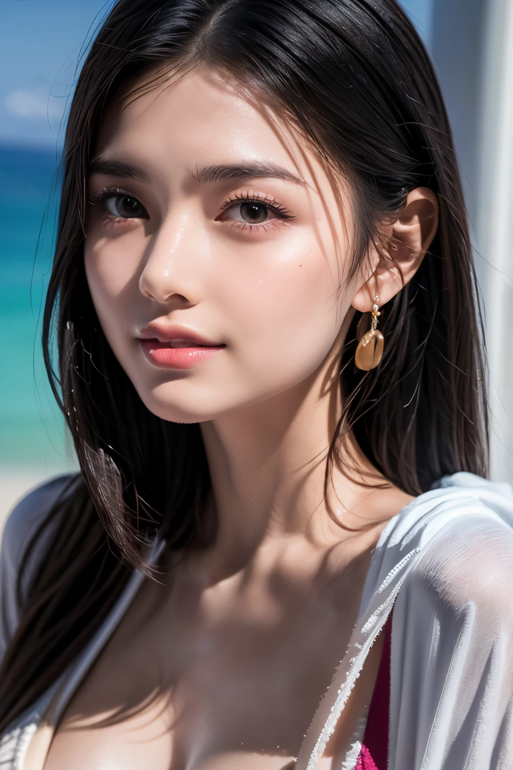 Nikon RAW photo, Fujifilm XT3, (detailed, 21 years old young lady captain, big eyes, snake golden earring, looking away), sensual, (ultra detailed), 8k, 4k, intricate, upper_body, detailed_face, best lighting, outdoors, makeup, bleach background, low rise,(masterpiece, best quality:1.4), (face focus:1.5), outside, (near the sea), 1girl, solo, hancock1, 1girl, boa hancock, huge breasts, cleavage, long hair, epaulettes, cape, (white cape:1), crop top, long sleeves, side slit, (european youth woman:1), looking at viewer, beautifull smile, beautiful face, highly detailed face, highly detailed eyes, studio lighting, vivid colors, sharp focus, physicially-based rendering, ultra-fine painting, portraits, landscape