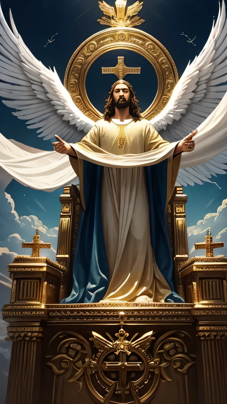 Crie uma imagem que represente o retorno de Cristo, where he will be on his throne in the clouds in high glory, com uma coroa, and his angels will descend from the heavens and below a multitude waiting to be saved