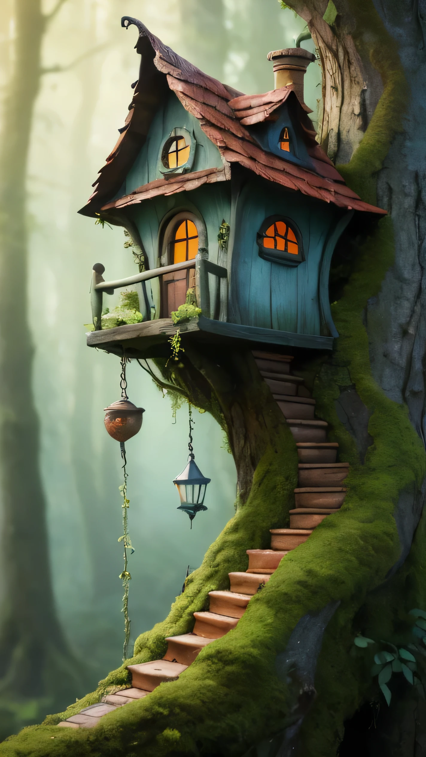 Close-up, zoom; A whimsical scene of a perched on a mossy tree branch with hanging tendrils, and a fairy house. The Dutch angle adds a dramatic effect. The background is a blurred forest view.; sunset stunning light effect,sky orangeband red,cinematic 3D matte paint, industrial light & magic render
