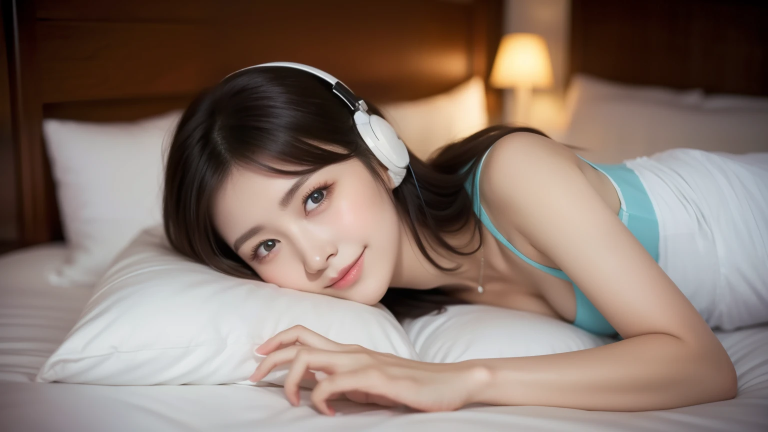 table top, highest quality, shape, Super detailed, finely, High resolution, 8k wallpaper, 完璧なダイナミックな構shape, on the bed,one girl, beautiful and detailed eyes, eyes closed、pajamas, ランダムなcute髪,natural color lip, lie in bed, sleep together,bold sexy pose,smile、 girl、cute、sexy shot looking at camera,Always blur the background,perfect and beautiful face,beautiful and detailed face、slim face and style,perfect hands, Big eyes、whole body、wearing headphones、night