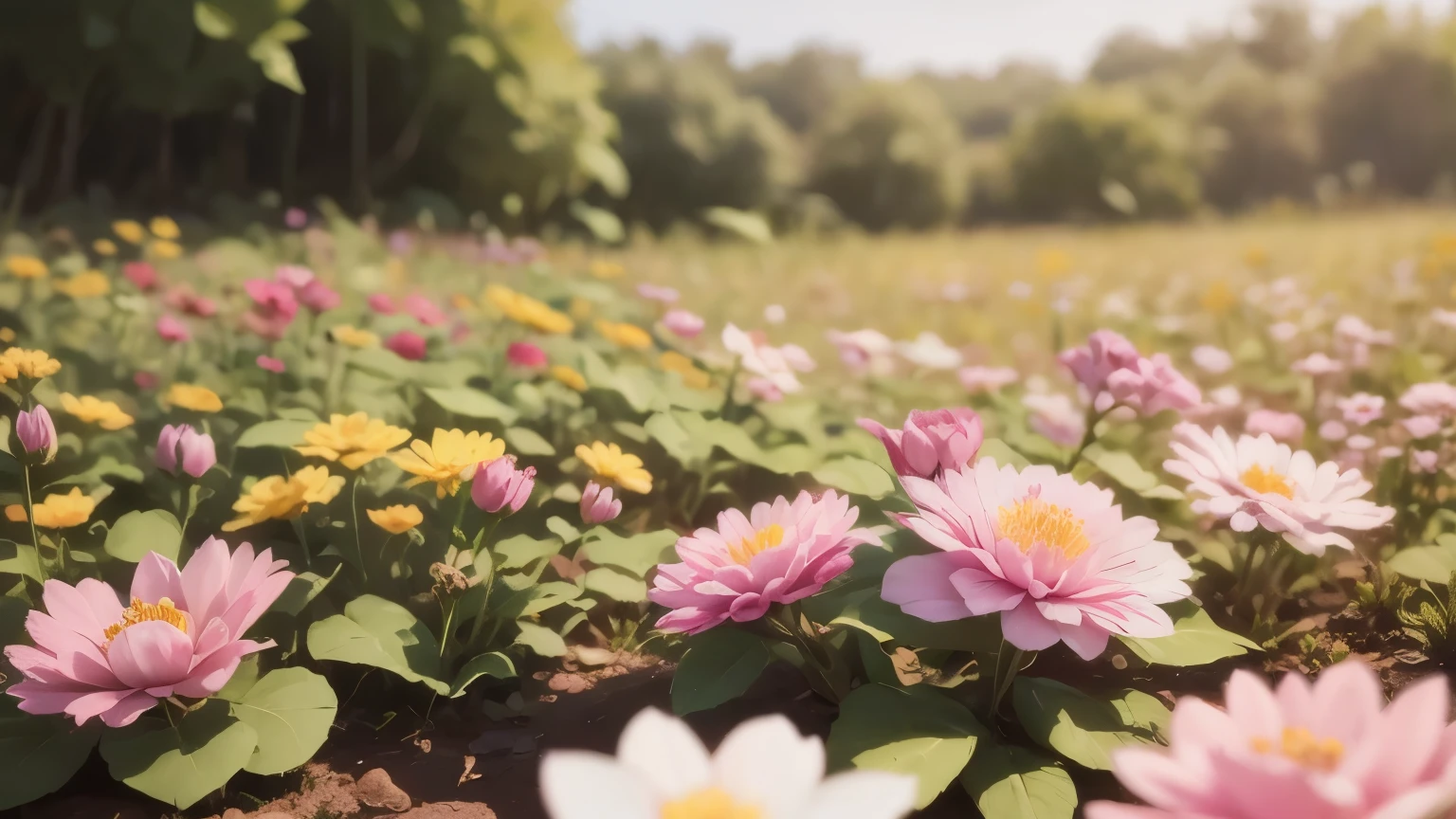 (((there are no humans))),Close-up of the flower field , natural flowers on background, flower aesthetic field、pink, white and yellow flowers