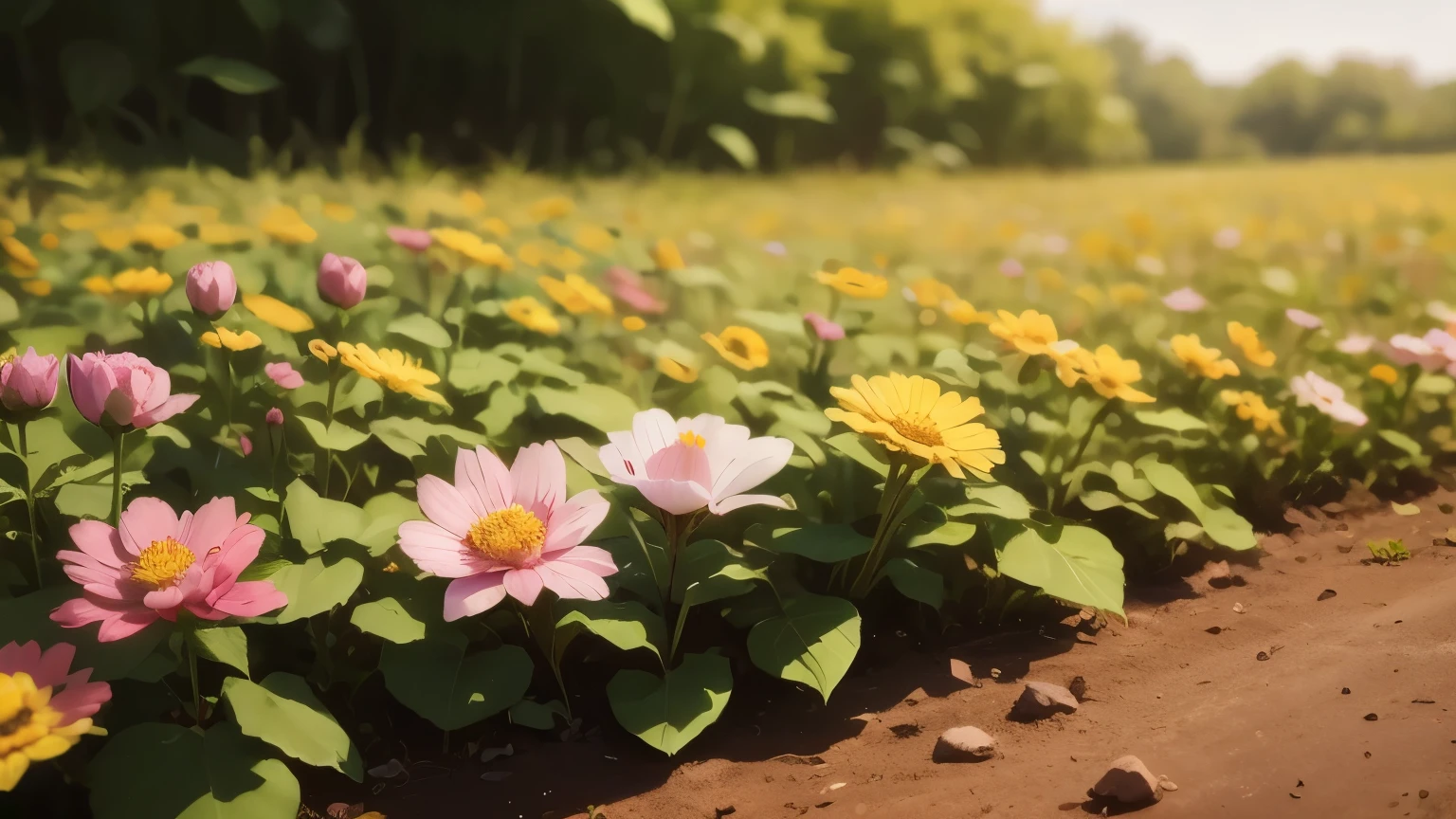 (((there are no humans))),Close-up of the flower field , natural flowers on background, flower aesthetic field、pink, white and yellow flowers
