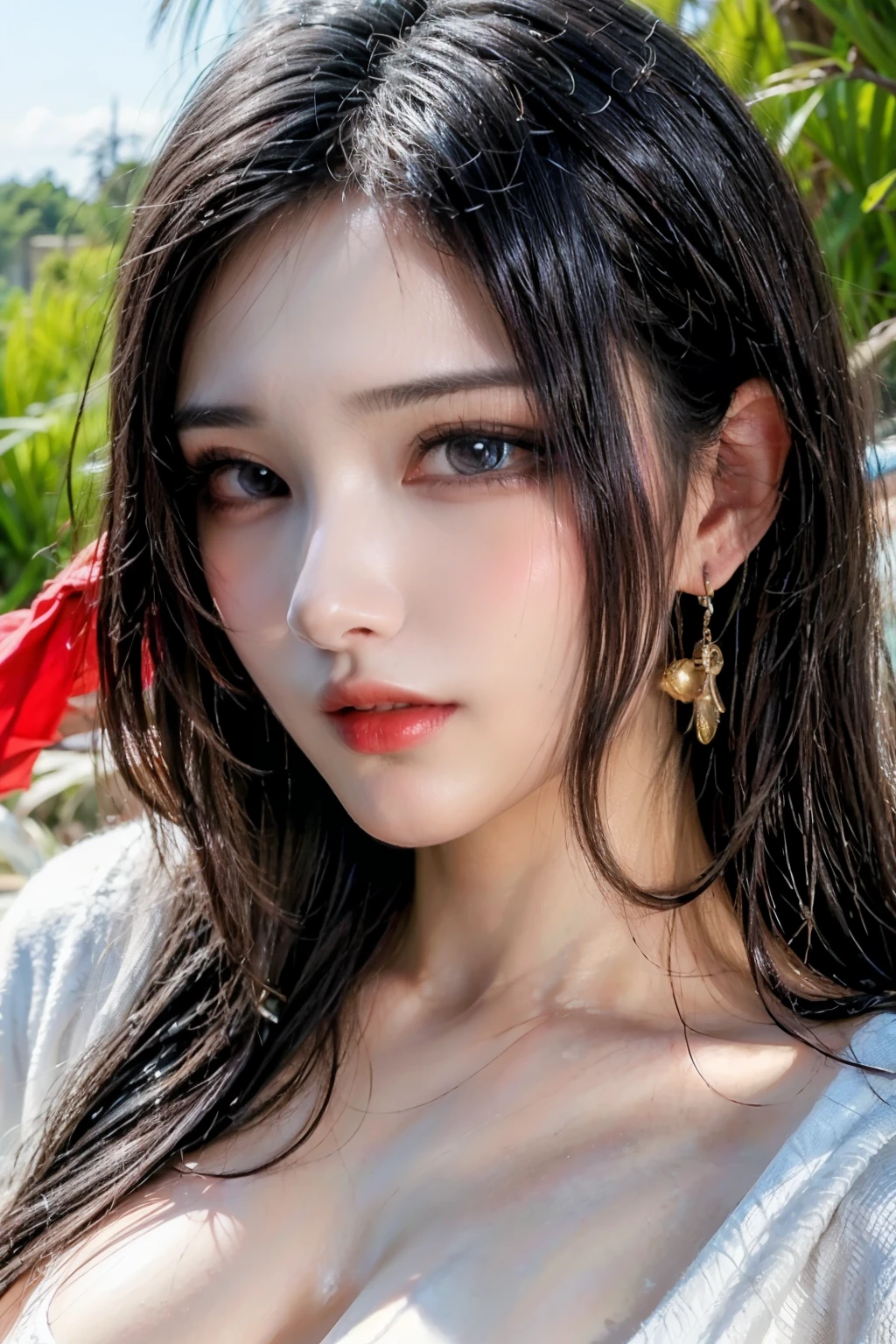 Nikon RAW photo, Fujifilm XT3, (detailed, 21 years old young lady captain, big eyes, snake golden earring, looking away), sensual, (ultra detailed), 8k, 4k, intricate, upper_body, detailed_face, best lighting, outdoors, makeup, bleach background, low rise,(masterpiece, best quality:1.4), (face focus:1.5), outside, (near the sea), 1girl, solo, hancock1, 1girl, boa hancock, big breasts, cleavage, long hair, epaulettes, cape, (white cape:1), crop top, long sleeves, side slit, (european youth woman:1), looking at viewer, beautifull smile, beautiful face, highly detailed face, highly detailed eyes, studio lighting, vivid colors, sharp focus, physicially-based rendering, ultra-fine painting, portraits, landscape