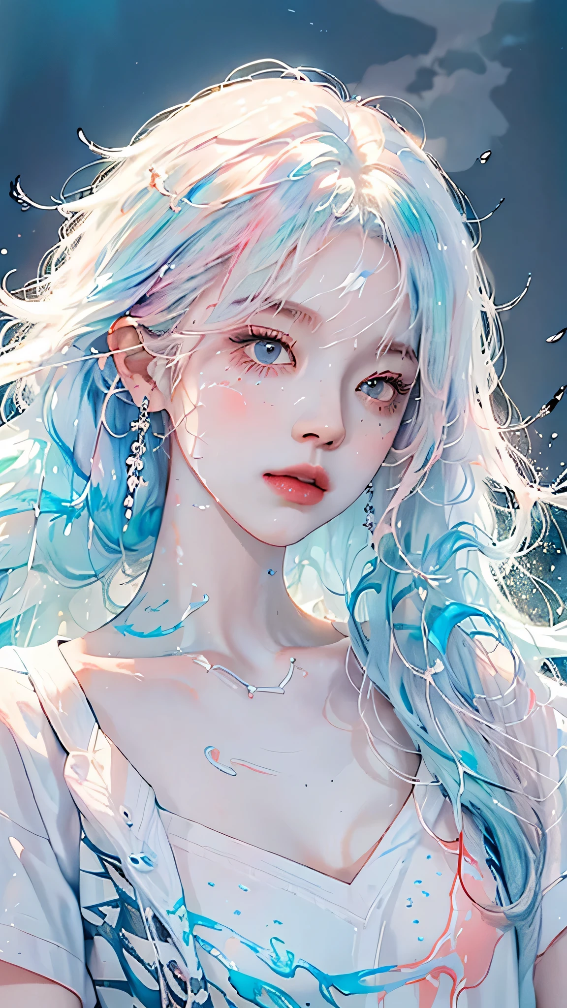(masterpiece, best quality, High resolution), White background, acrylic paint, ((color splash, splash ink, color splash)), sweet chinese girl, Long light blue hair, [light blue|Pink] hair, Curly hair, flash, peach lips, White shirt, front, Upper body