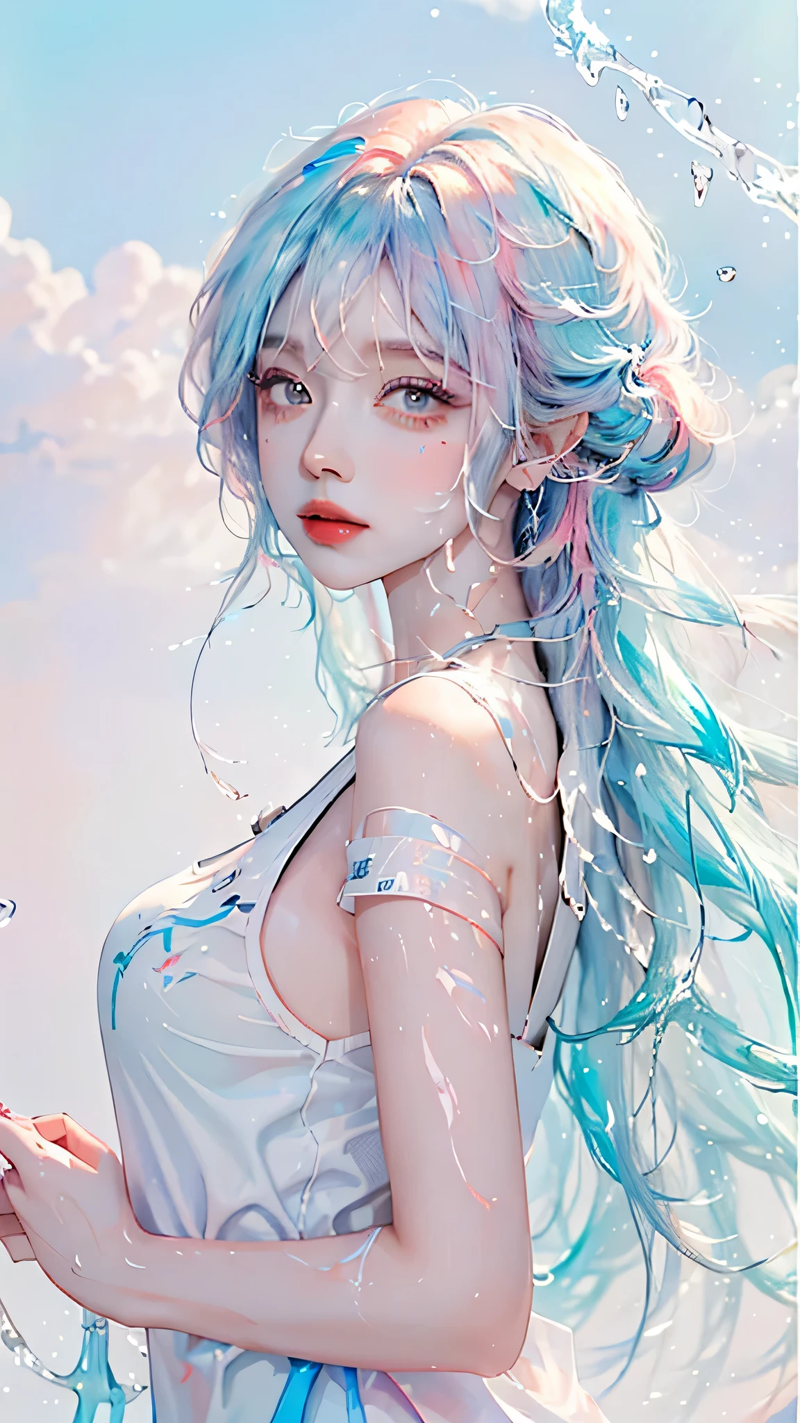 (masterpiece, best quality, High resolution), White background, acrylic paint, ((color splash, splash ink, color splash)), sweet chinese girl, Long light blue hair, [light blue|Pink] hair, Curly hair, flash, peach lips, White shirt, front, Upper body